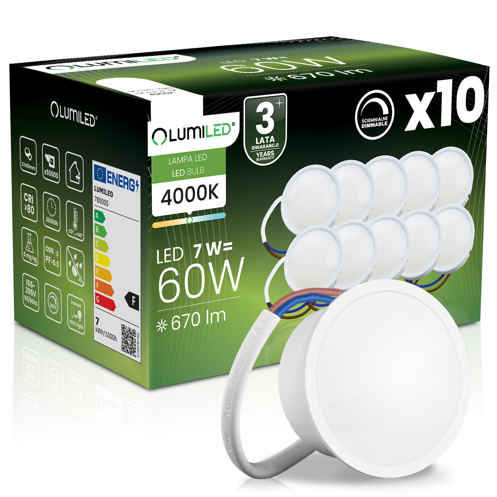 10x Wkład do Opraw LED Żarówka Moduł INSERT Reflektor 7W = 60W 670lm 4000K Neutralna 120° Ściemnialna LUMILED - główne zdjęcie produktu