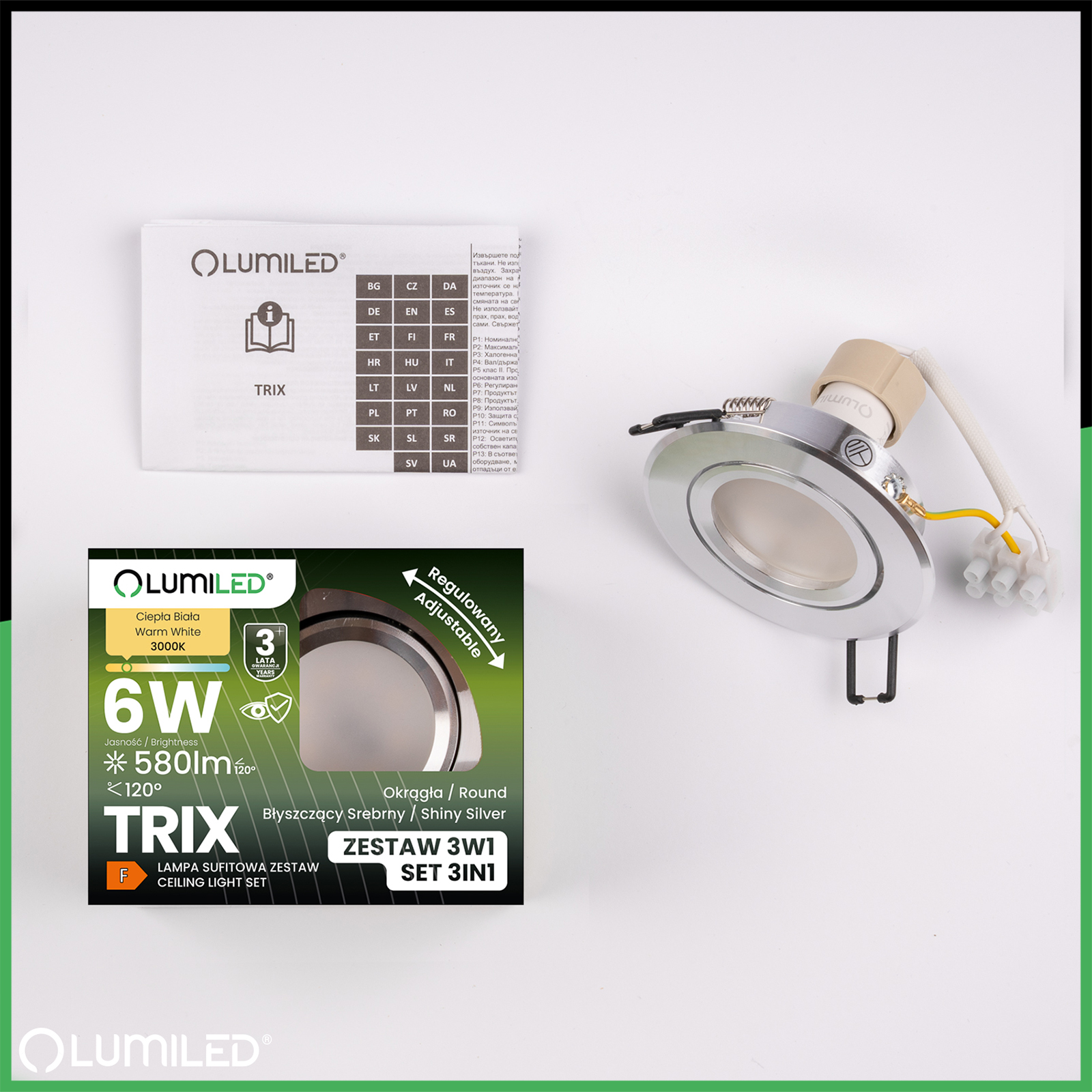 Oprawa Halogenowa Podtynkowa Okrągła Ruchoma TRIX 3w1 GU10 6W 3000K Srebrny LUMILED - skład produktu