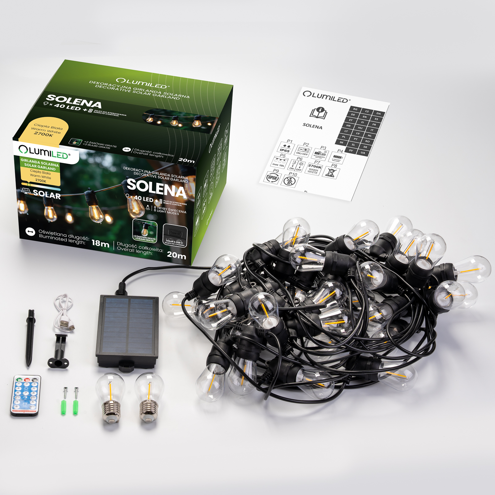 Girlanda Solarna Ogrodowa 40x LED Ozdobne Żarówki 20m 2700K Ciepła + Pilot SOLENA LUMILED - skład produktu