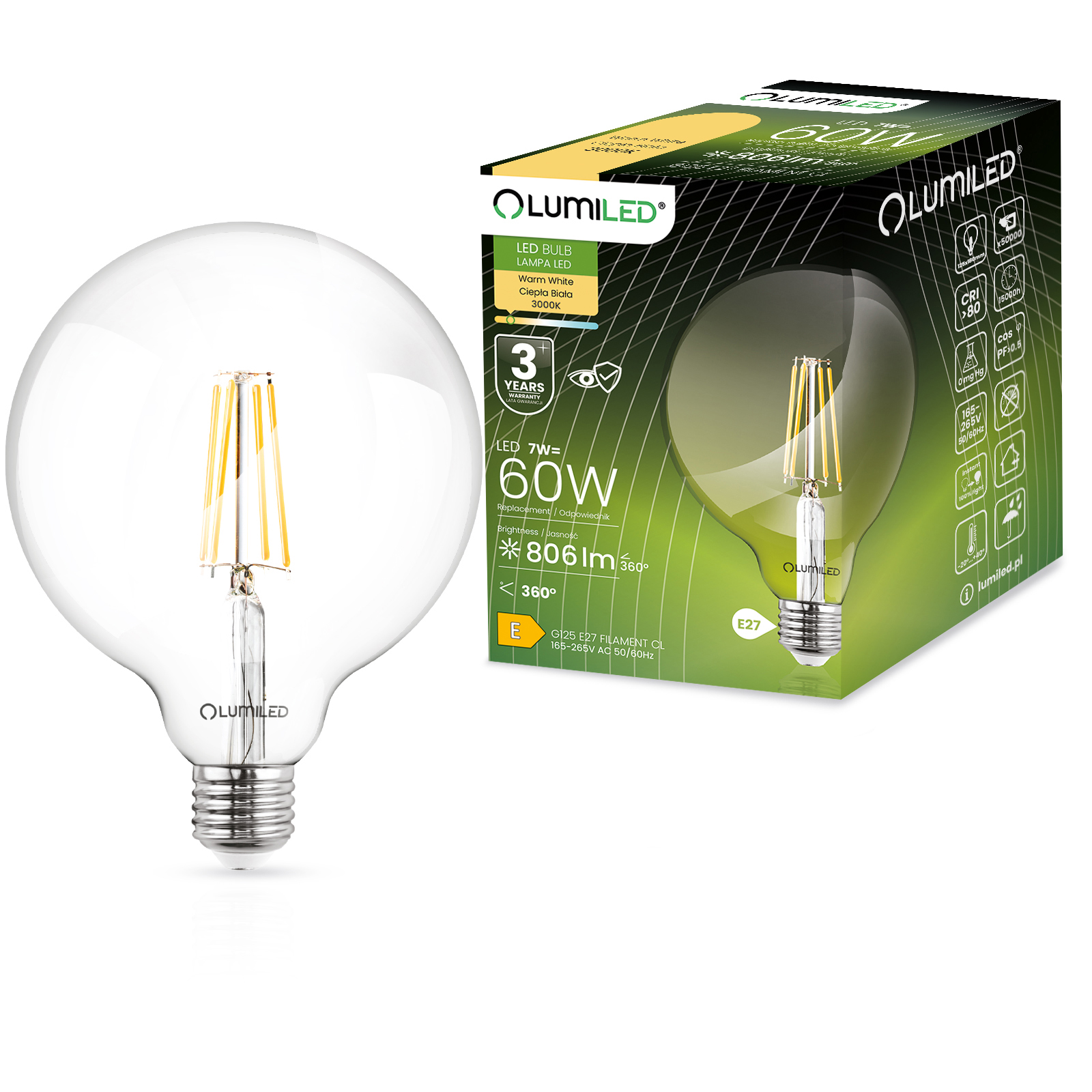 Żarówka LED E27 Kula G125 7W = 60W 806lm 3000K Ciepła 360° FILAMENT LUMILED - główne zdjęcie produktu
