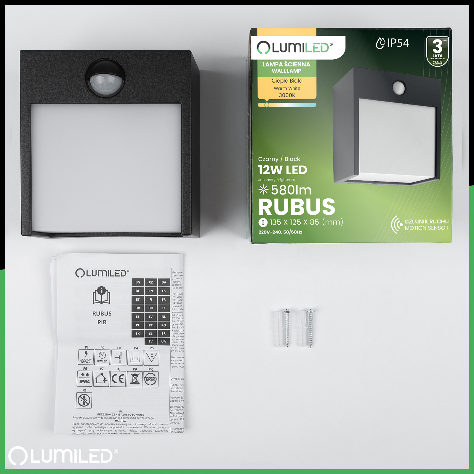 Lampa Ogrodowa Ścienna LED Kinkiet Elewacyjny Zewnętrzny PIR IP54 12W 3000K RUBUS LUMILED - skład produktu