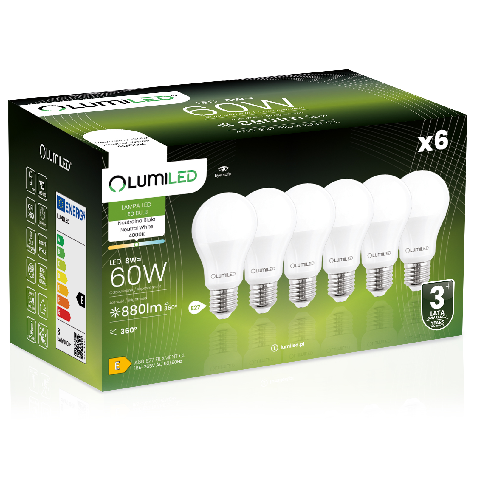 6x Żarówka LED E27 A60 8W = 60W 880lm 4000K Neutralna 260° LUMILED - główne zdjęcie produktu