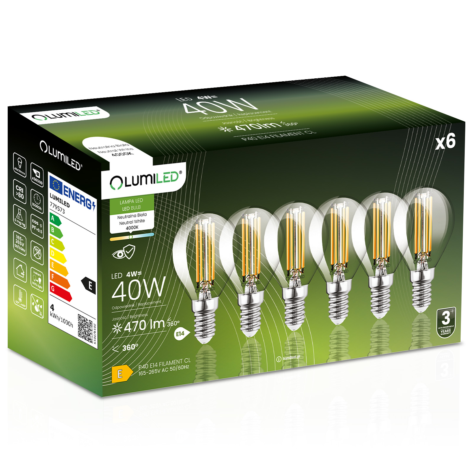 6x Żarówka LED E14 Kulka P45 4W = 40W 470lm 4000K Neutralna 360° FILAMENT LUMILED - główne zdjęcie produktu