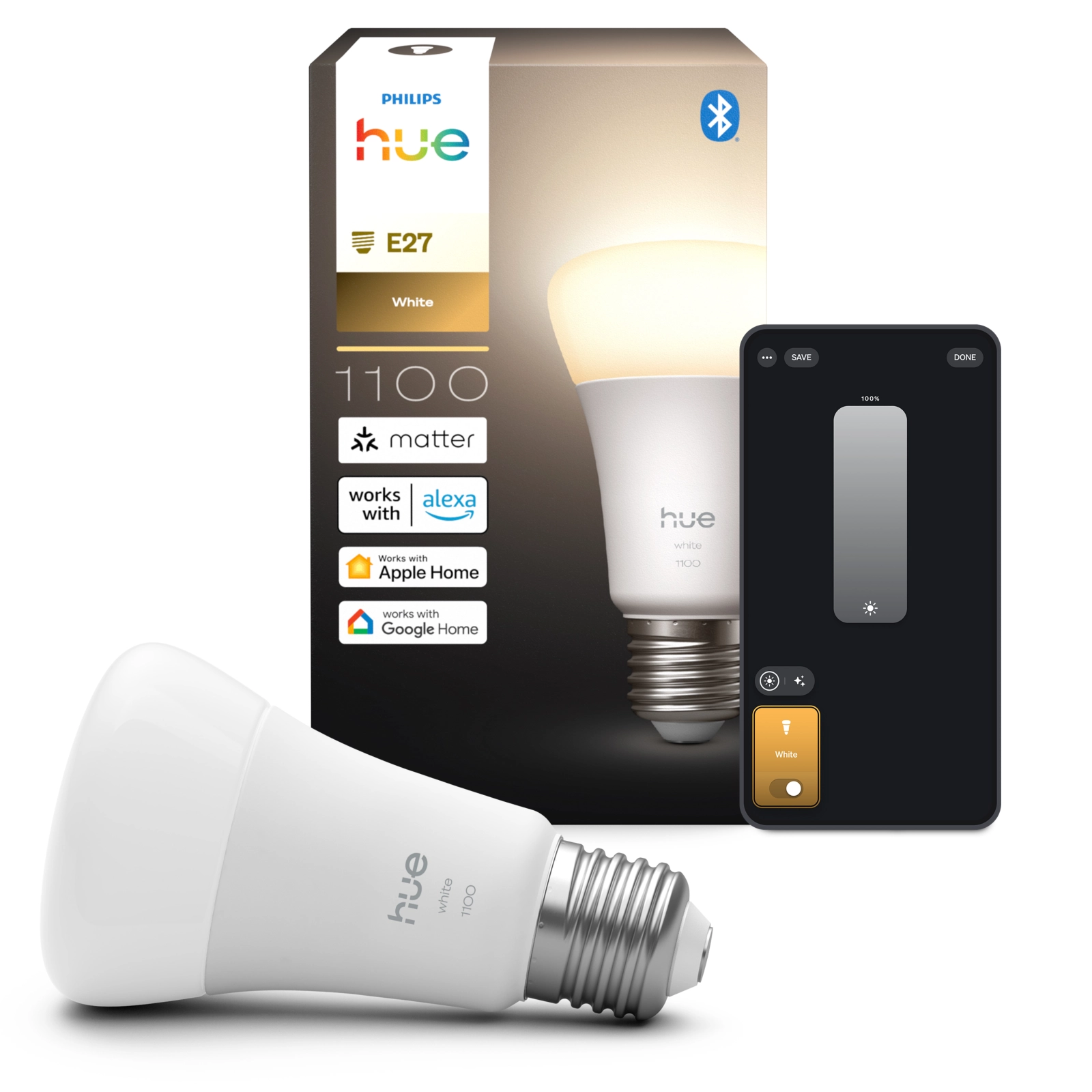 Żarówka LED E27 A60 9.5W = 75W 1100lm 2700K Biała Ciepła SMART Inteligentna Bluetooth ZigBee White Philips HUE - główne zdjęcie produktu
