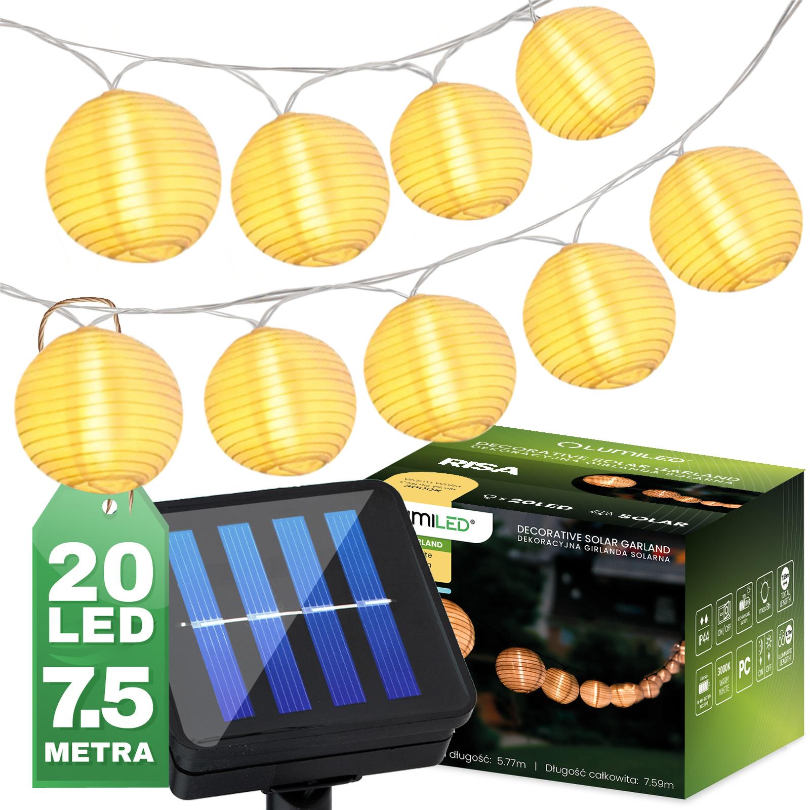 Girlanda Solarna Ogrodowa 20x LED Ozdobne Lampiony 7.59m Ciepła 3000K RISA LUMILED - główne zdjęcie produktu