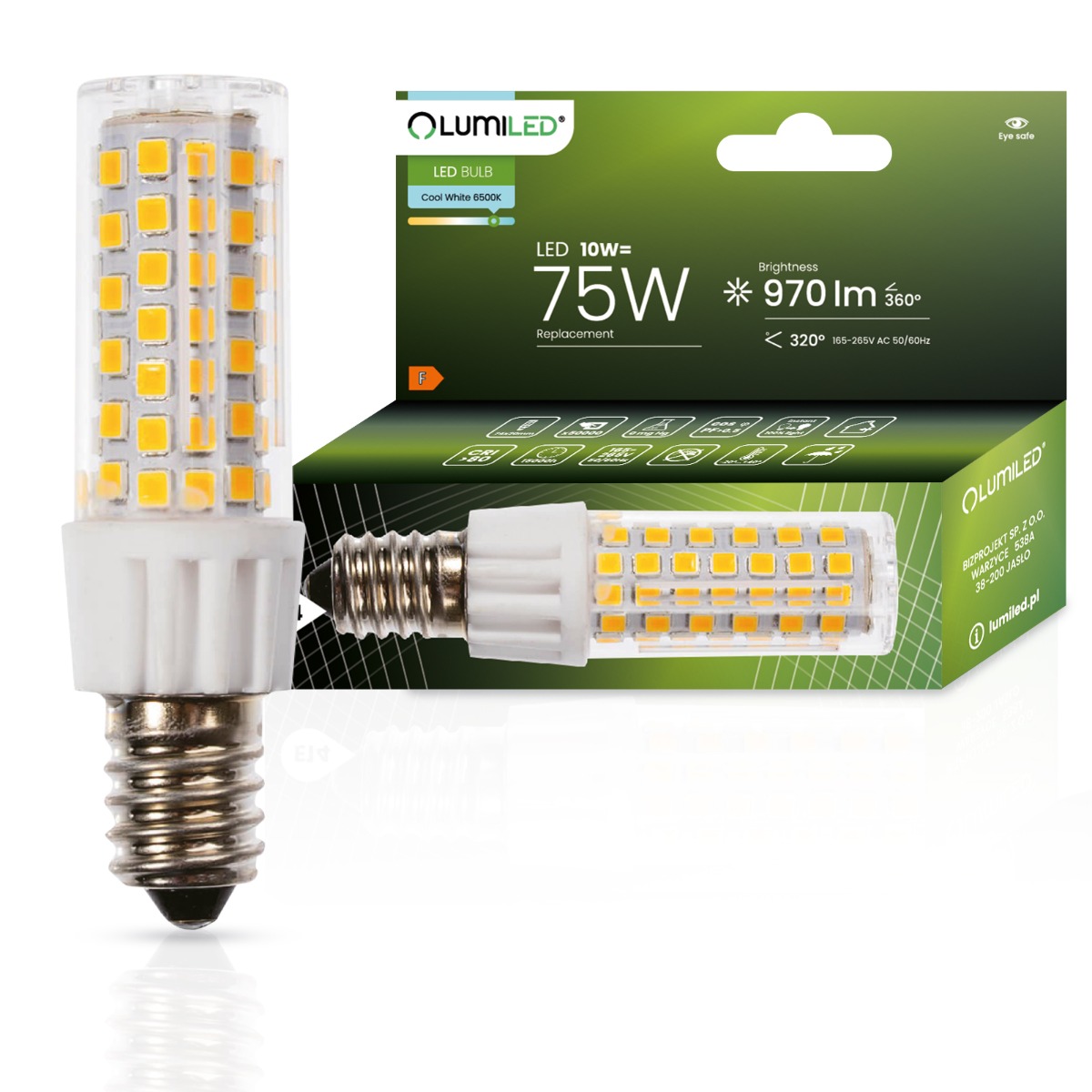 Żarówka LED E14 Tubularna T25 10W = 75W 970lm 6500K Zimna 320° LUMILED - główne zdjęcie produktu
