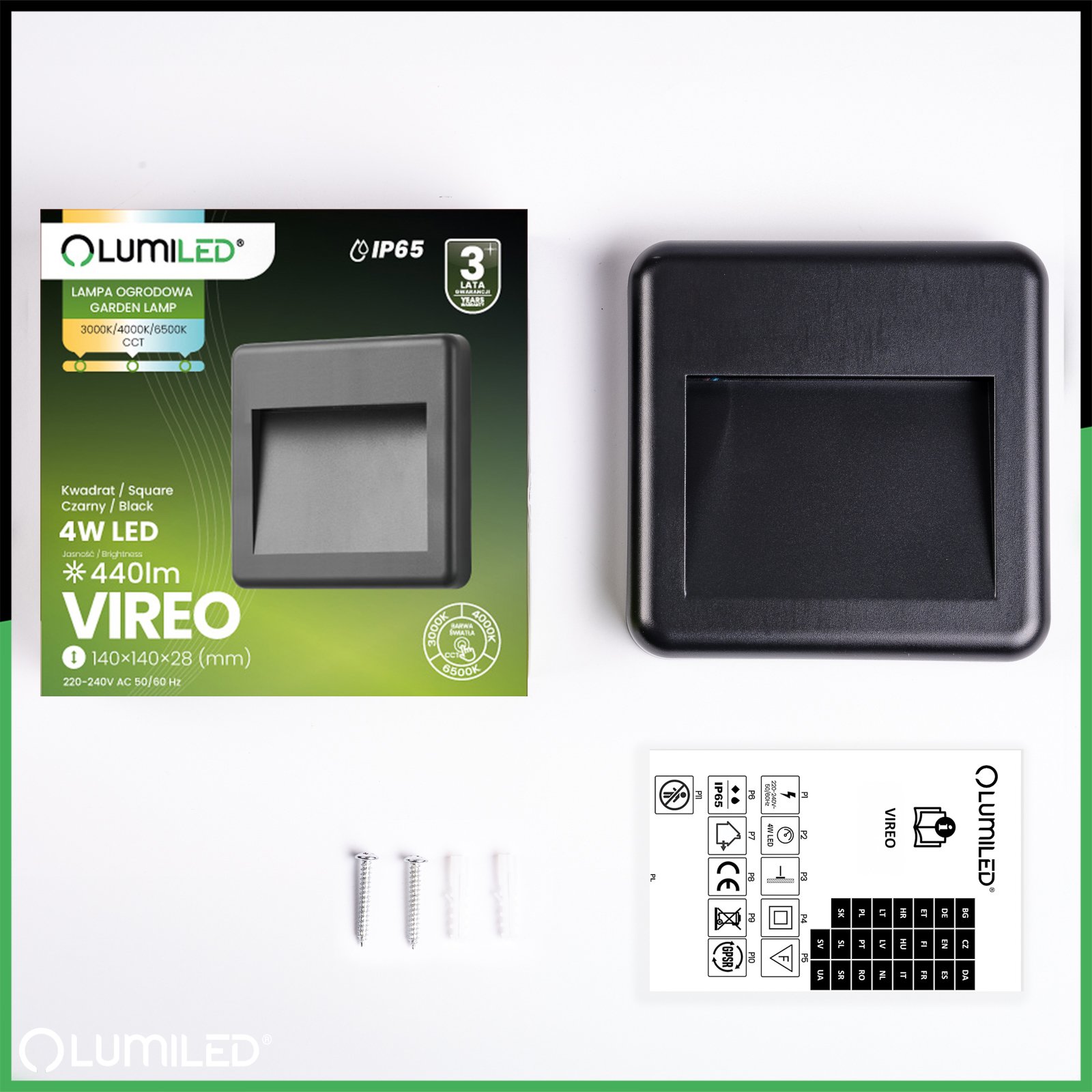 Lampa Ogrodowa Zewnętrzna Schodowa Kinkiet Elewacyjny CCT 3000-6500K LED 4W IP65 VIREO LUMILED - skład produktu