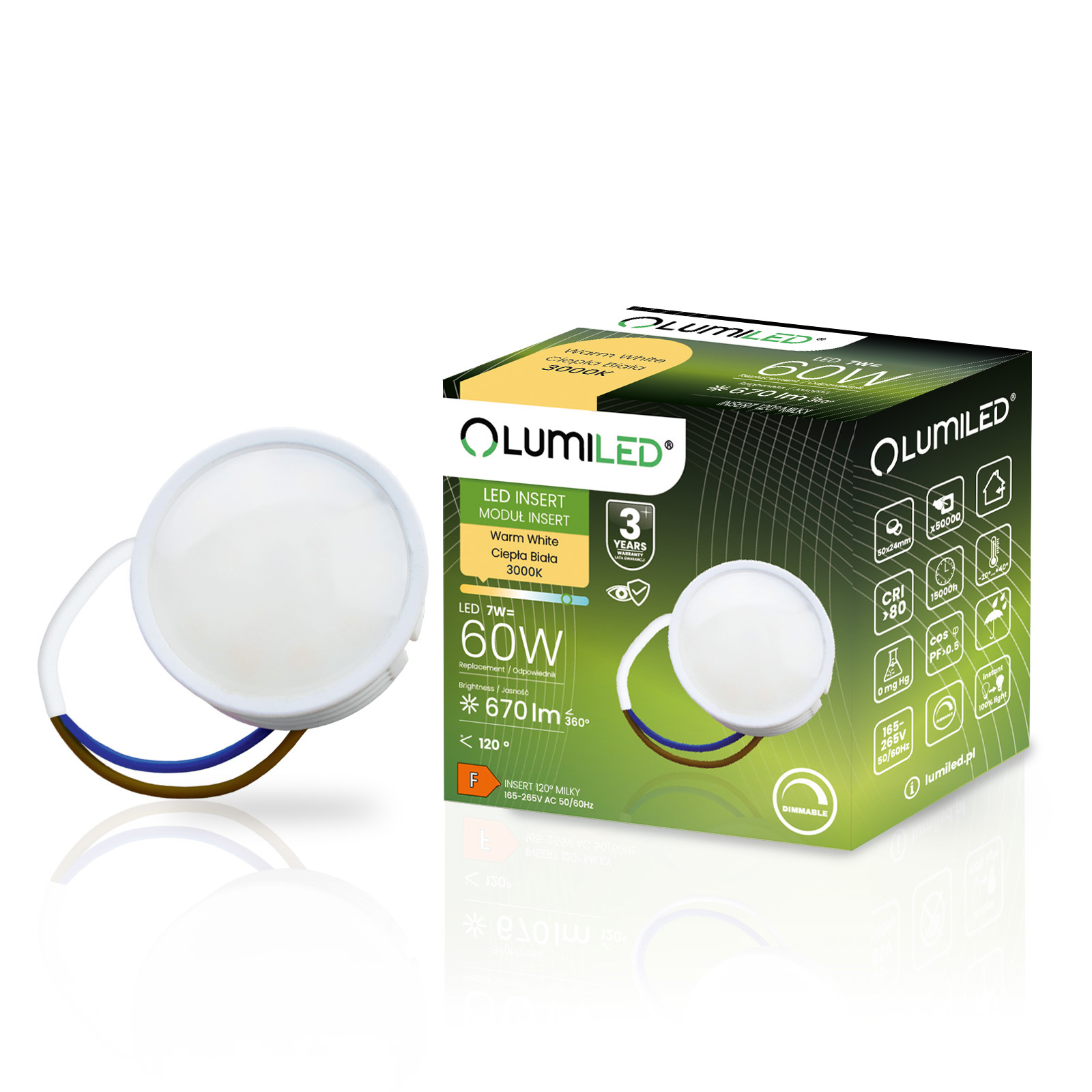 Wkład do Opraw LED Żarówka Moduł INSERT Reflektor 7W = 60W 670lm 3000K Ciepła 120° Ściemnialna LUMILED - główne zdjęcie produktu