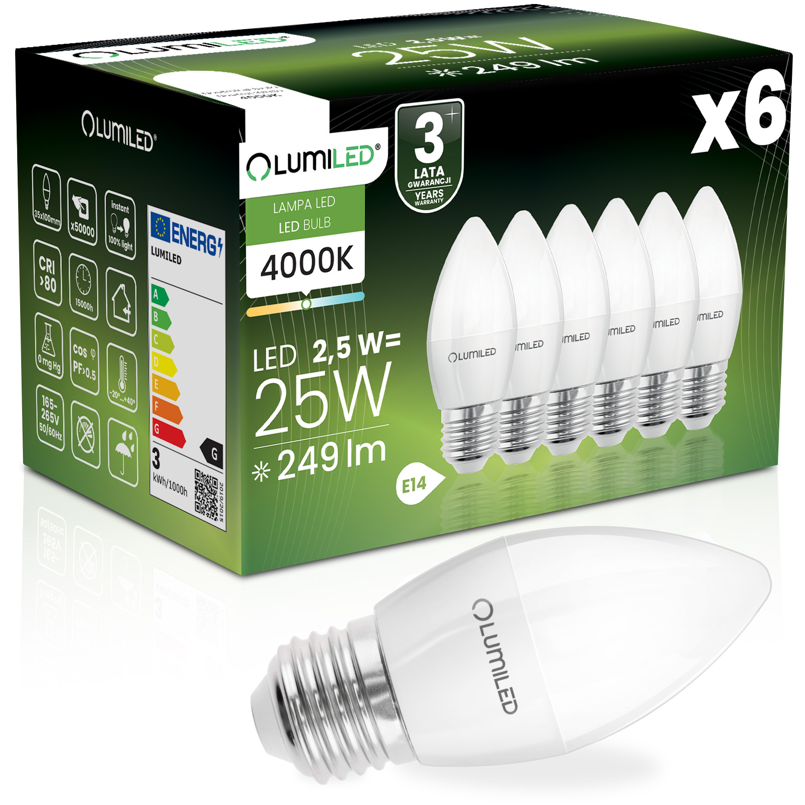 6x Żarówka LED E27 Świeczka B35 2,5W = 25W 249lm 4000K Neutralna 180° LUMILED - główne zdjęcie produktu