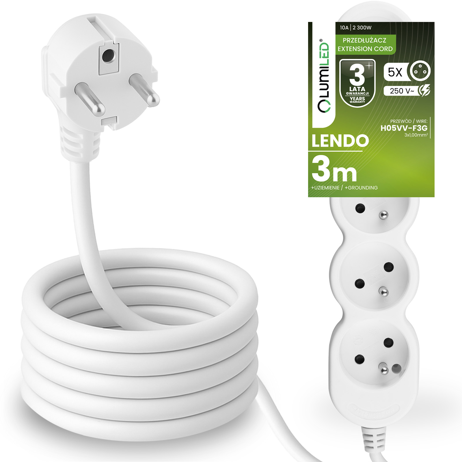 Przedłużacz Sieciowy Kabel z Uziemieniem Listwa Zasilająca 5 Gniazda 3m Biały Sznur Lendo Lumiled - główne zdjęcie produktu