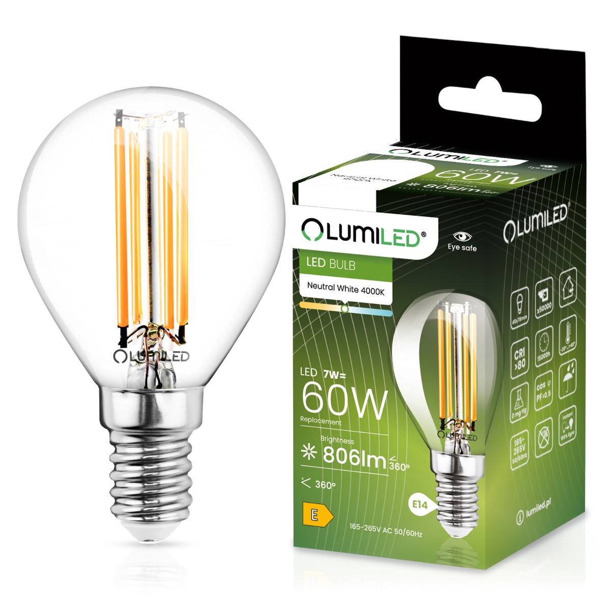 Żarówka LED E14 Kulka P45 7W = 60W 806lm 4000K Neutralna 360° FILAMENT LUMILED - główne zdjęcie produktu
