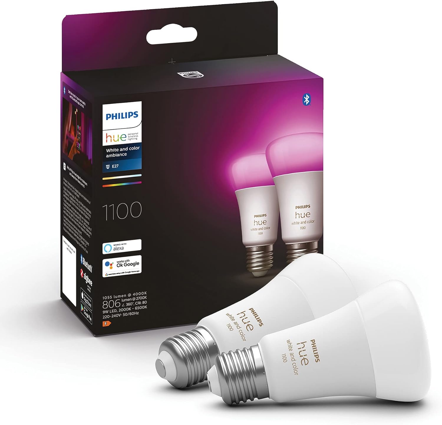 2x Żarówka LED E27 A60 11W = 75W 1055lm 2000-6500K CCT + RGB SMART Inteligentna Bluetooth ZigBee White and Color Ambiance Philips HUE - główne zdjęcie produktu