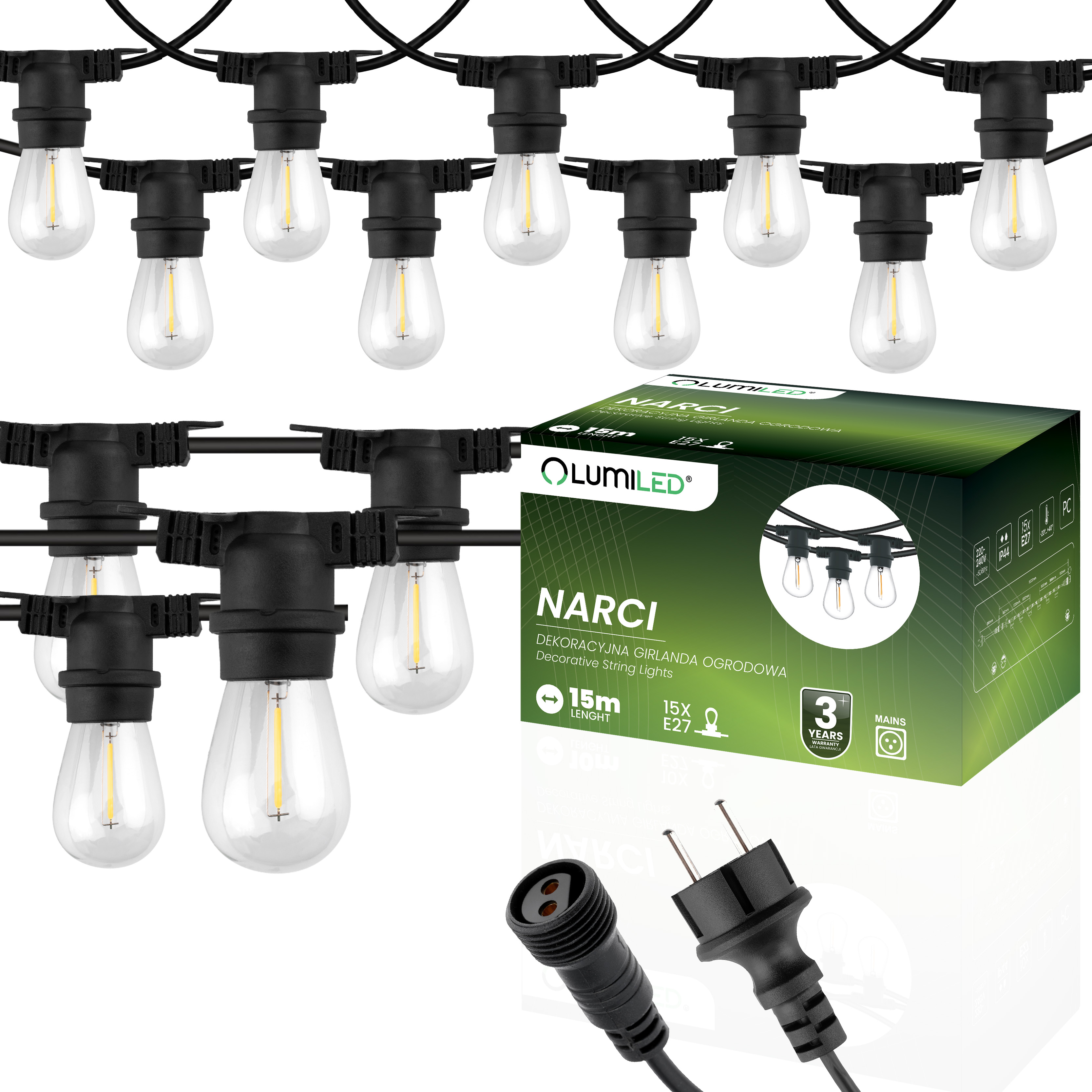 Girlanda Ogrodowa Zewnętrzna Łańcuch Świetlny 15m 15x E27 Żarówki 1W 2700K NARCI Lumiled - główne zdjęcie produktu