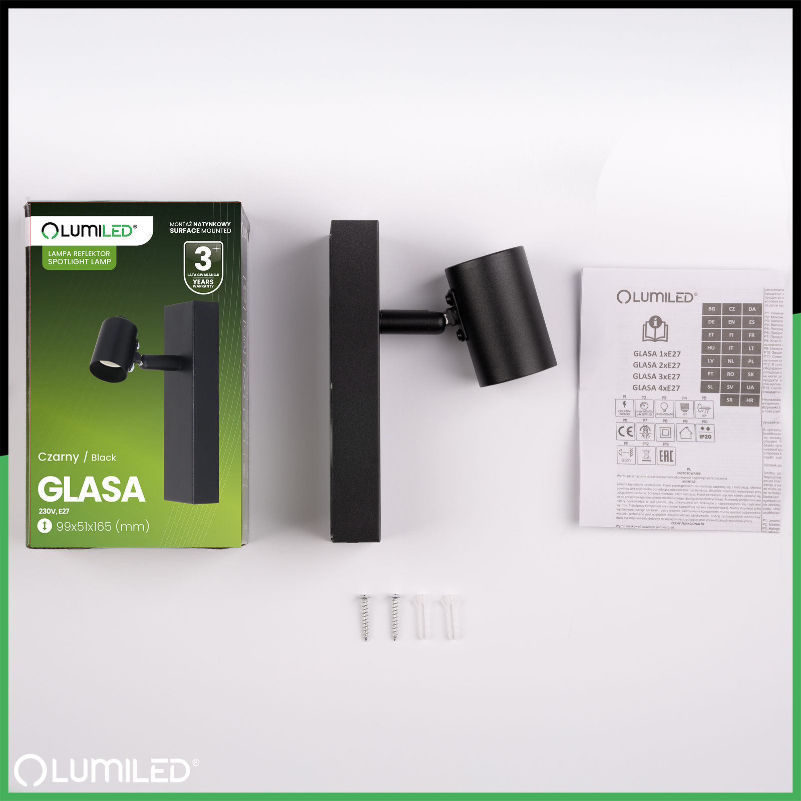 Lampa Ścienna Reflektor LED Sufitowa Ruchoma Kinkiet Spot E27 GLASA Czarna Lumiled - skład produktu