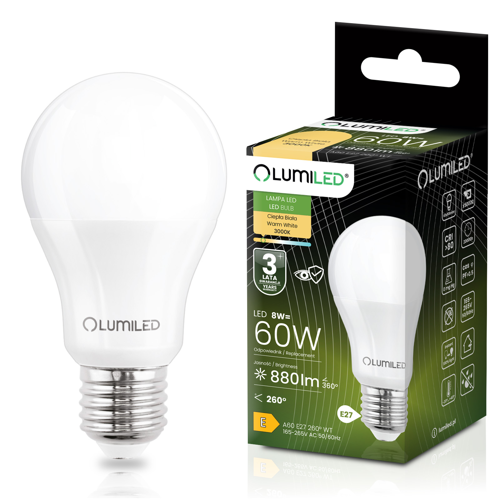 Żarówka LED E27 A60 8W = 60W 880lm 3000K Ciepła 260° LUMILED - główne zdjęcie produktu