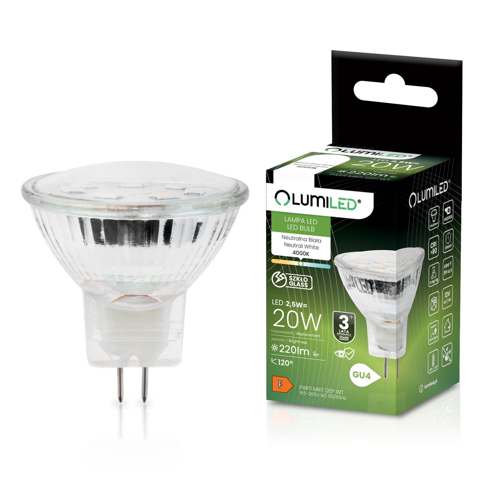 Żarówka LED GU4 Reflektor MR11 2,5W = 20W 220lm 4000K Neutralna 120° LUMILED - główne zdjęcie produktu