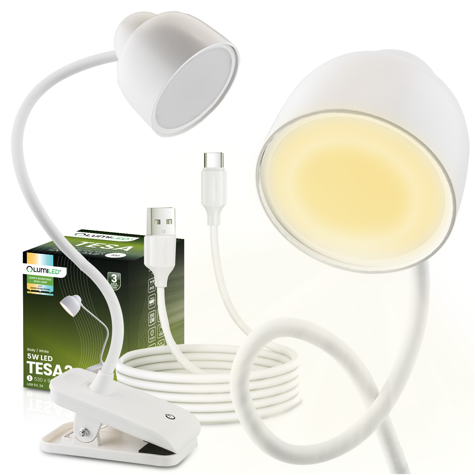 Lampka Biurkowa LED 5W CCT Kreślarska Stołowa Szkolna TESA 2 Biała LUMILED - główne zdjęcie produktu