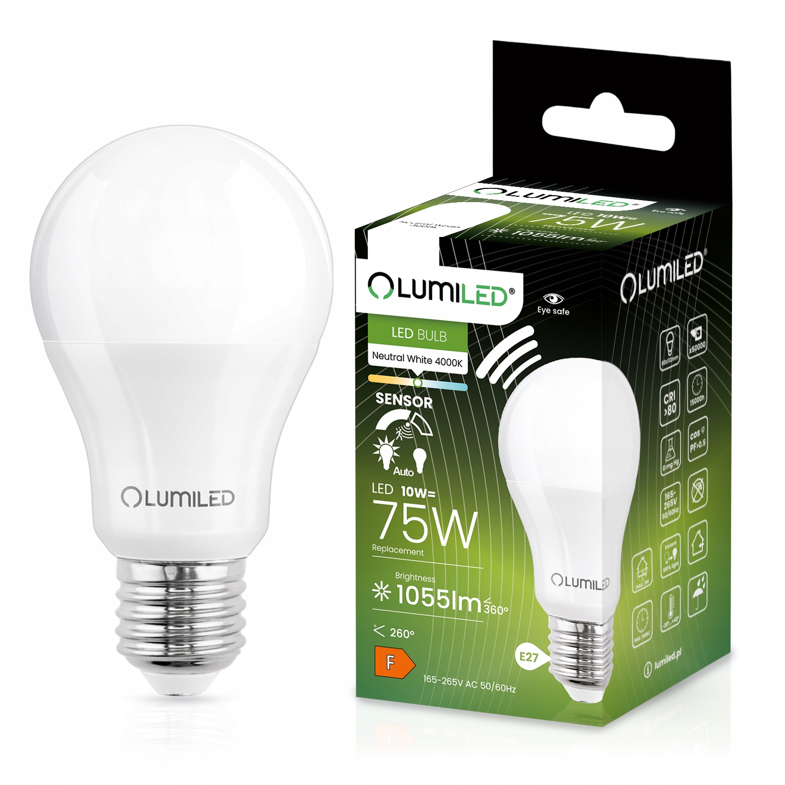 Żarówka LED E27 A60 10W = 75W 1055lm 4000K Neutralna 260° LUMILED - główne zdjęcie produktu