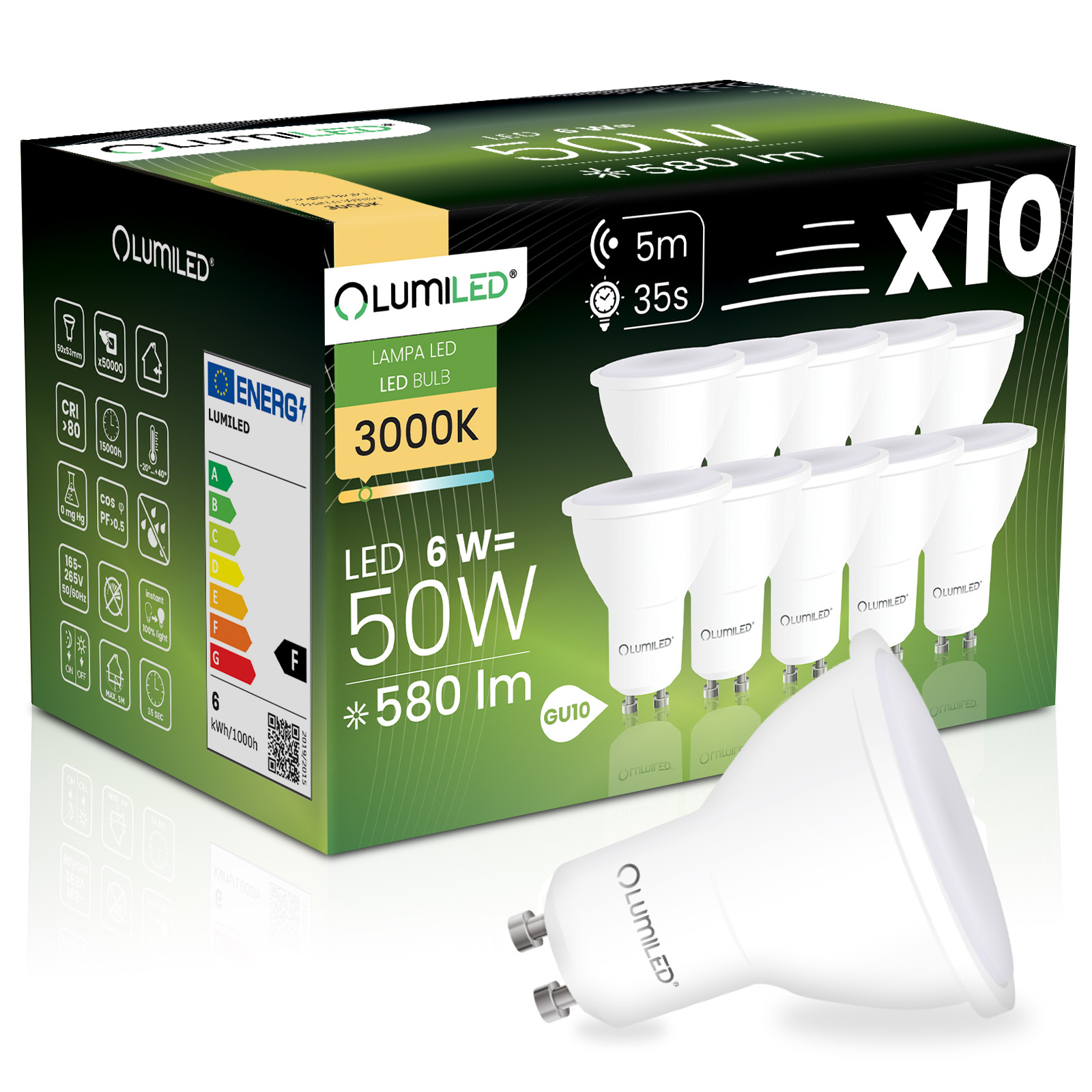 10x Żarówka LED GU10 Reflektor PAR16 6W = 50W 580LM 3000K Ciepła 120° z Czujnikiem Ruchu LUMILED - główne zdjęcie produktu