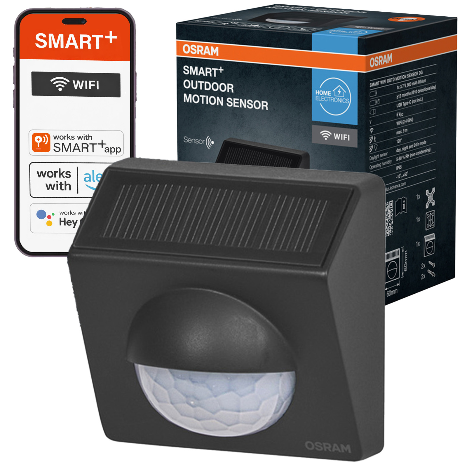 Czujnik Ruchu Zewnętrzny Solarny Bezprzewodowy 120° IP65 USB-C Szary SMART WiFi 2.4GHz Osram - główne zdjęcie produktu