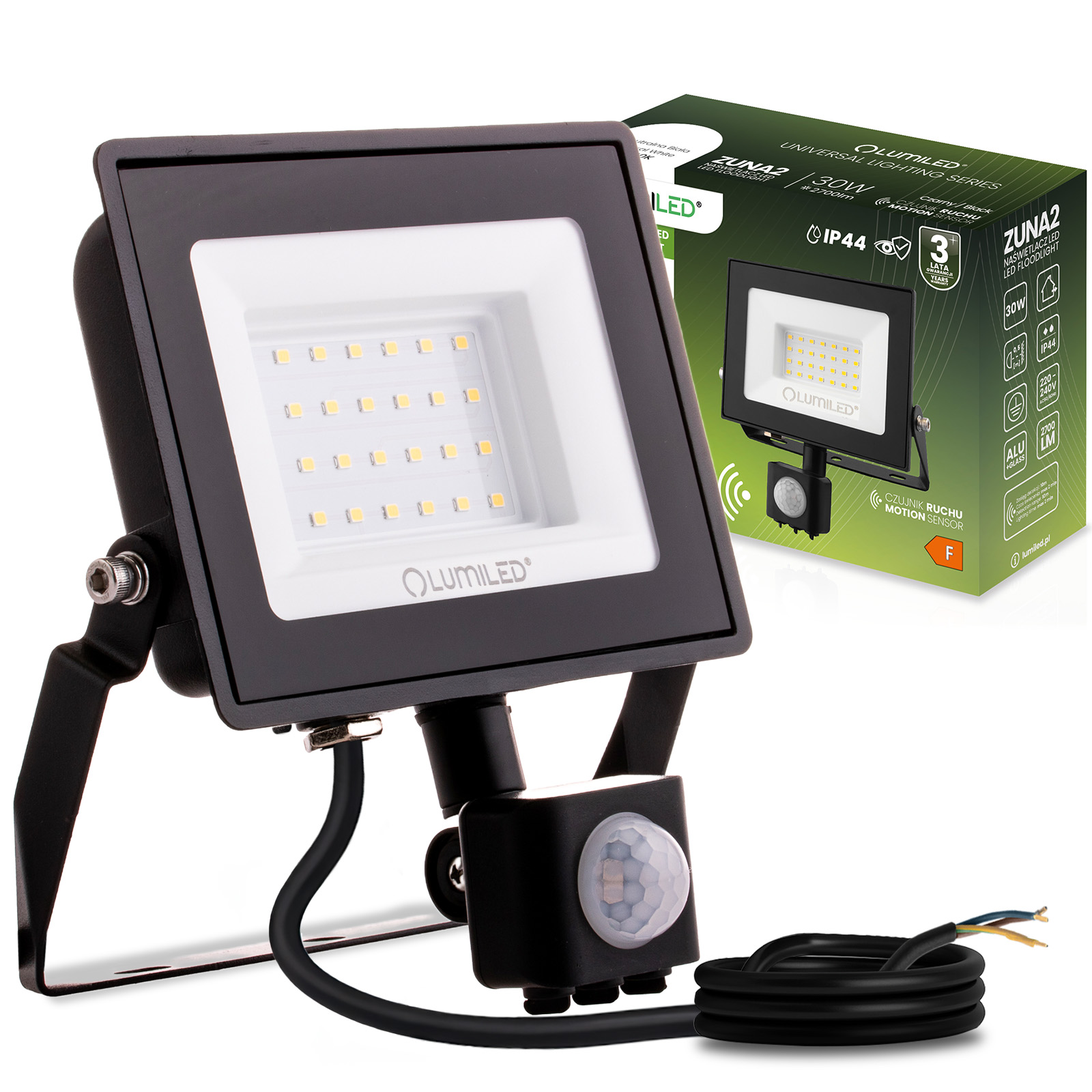Naświetlacz LED ZUNA2 30W 2700lm 4000K IP44 Czarny Czujnik Ruchu LUMILED - główne zdjęcie produktu