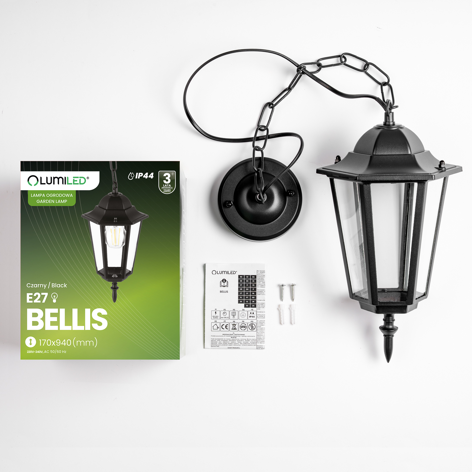 Lampa Ogrodowa Wisząca Zewnętrzna E27 LATARNIA Czarna BELLIS LUMILED - skład produktu