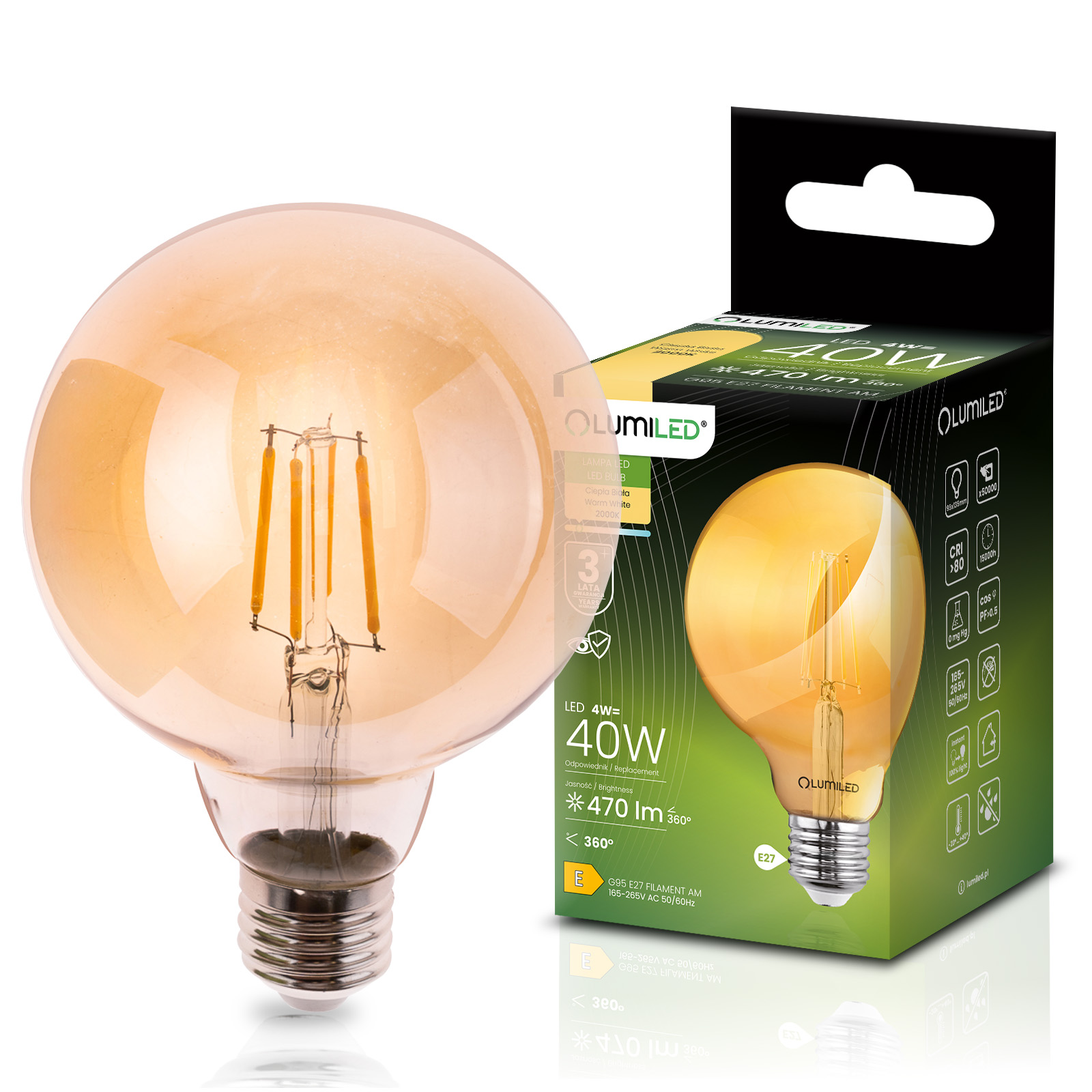 Żarówka LED E27 Kula G95 4W = 40W 470LM 2000K Ciepła 360° Bursztynowa Filament LUMILED - główne zdjęcie produktu
