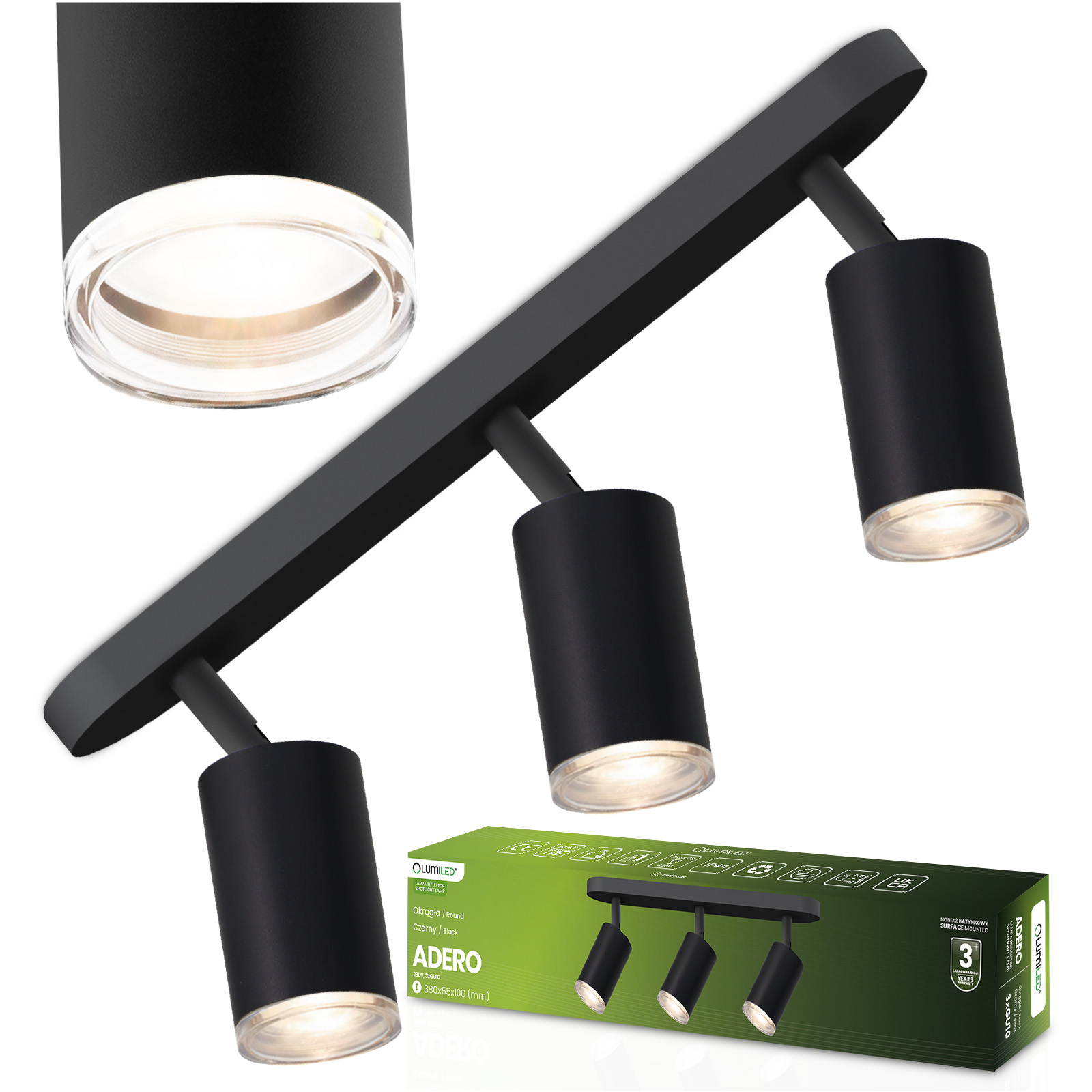Lampa Sufitowa Reflektor LED Spot 3x GU10 IP44 ADERO Czarna Lumiled - główne zdjęcie produktu