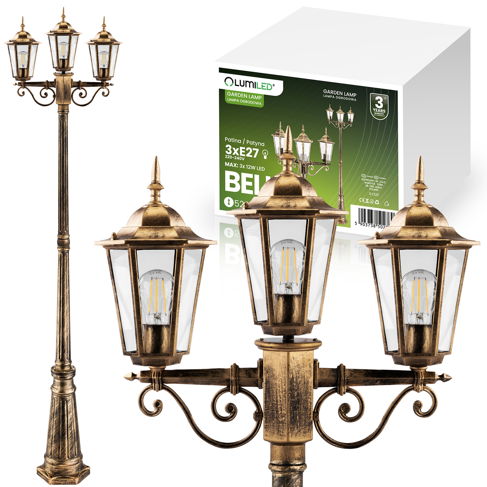 Lampa Ogrodowa Zewnętrzna 3xE27 SŁUPEK LATARNIA 2m Patyna BELLIS LUMILED - główne zdjęcie produktu