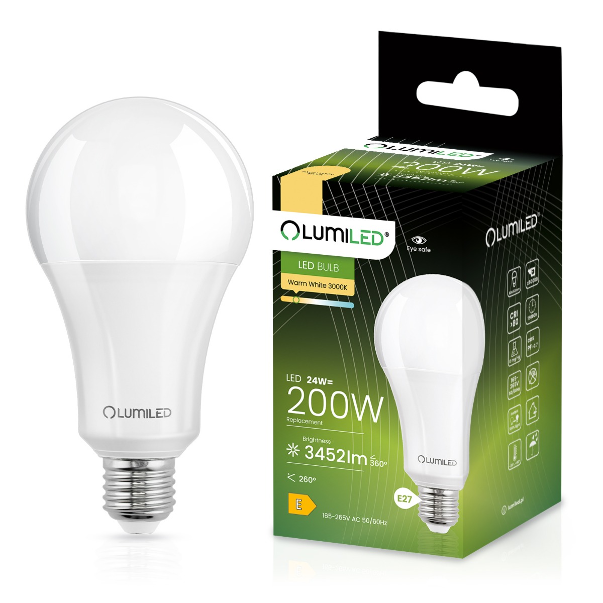 Żarówka LED E27 A60 24W = 200W 3452lm 3000K Ciepła 260° LUMILED - główne zdjęcie produktu