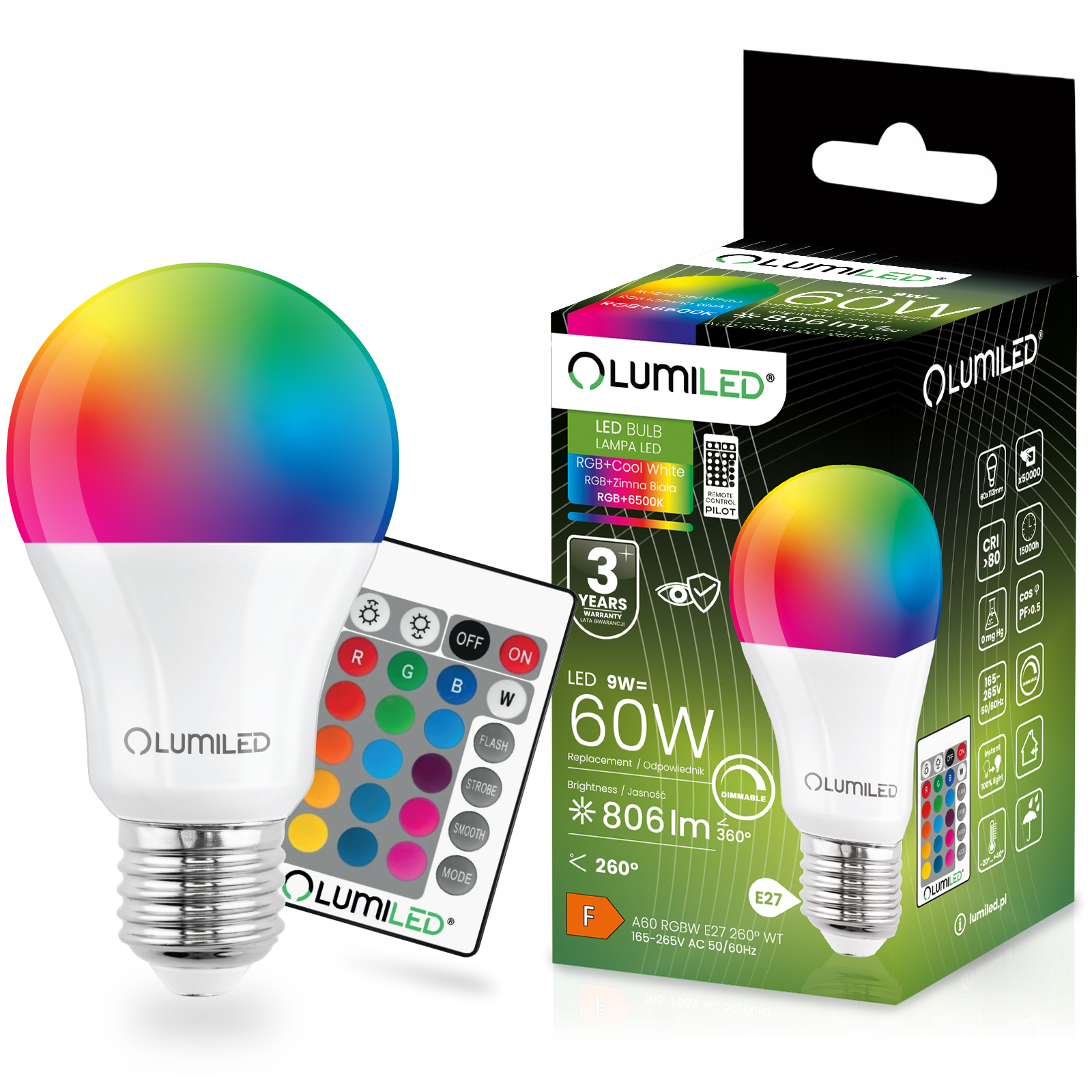 Żarówka LED E27 A60 9W = 60W 806lm 6500K + RGB Wielokolorowa 260° Ściemnialna Pilot LUMILED - główne zdjęcie produktu