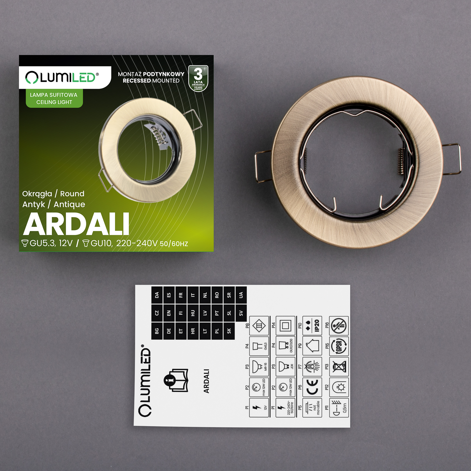 Oprawa Halogenowa Podtynkowa Okrągła Antyk GU10 MR16 ARDALI LUMILED - skład produktu