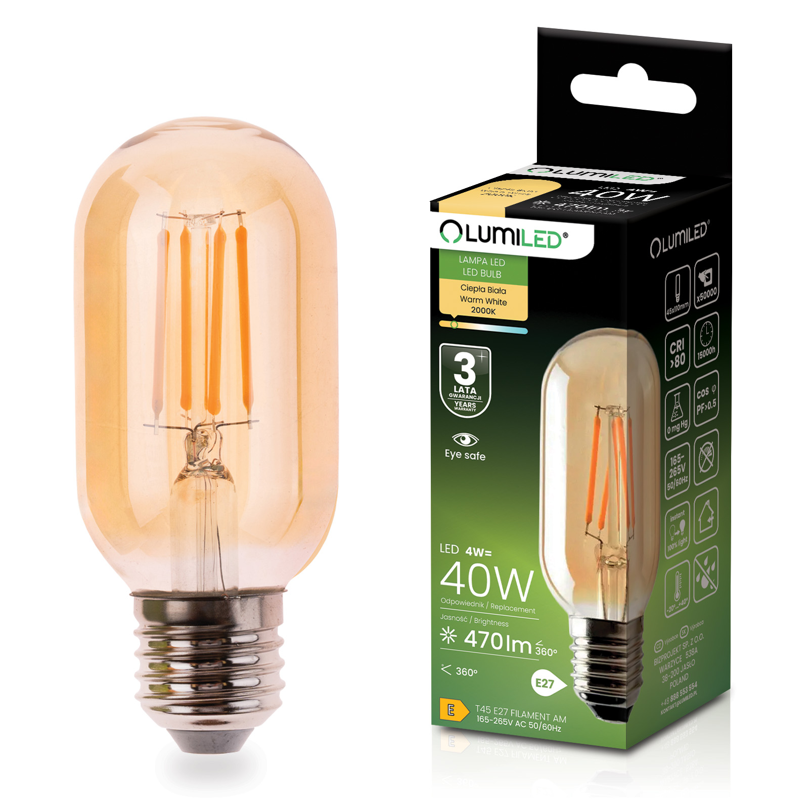 Żarówka LED E27 T45 4W = 40W 470LM 2000K Ciepła 360° Filament Amber LUMILED - główne zdjęcie produktu