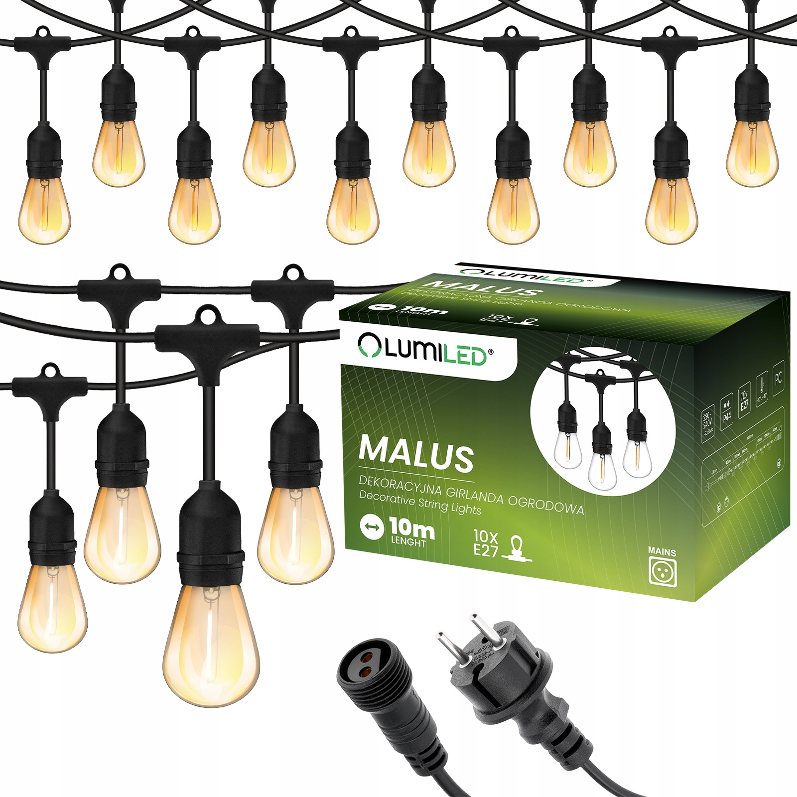 Girlanda Ogrodowa Zewnętrzna Łańcuch Świetlny 10m 10x E27 Żarówki 1,3W 2200K MALUS Lumiled - główne zdjęcie produktu