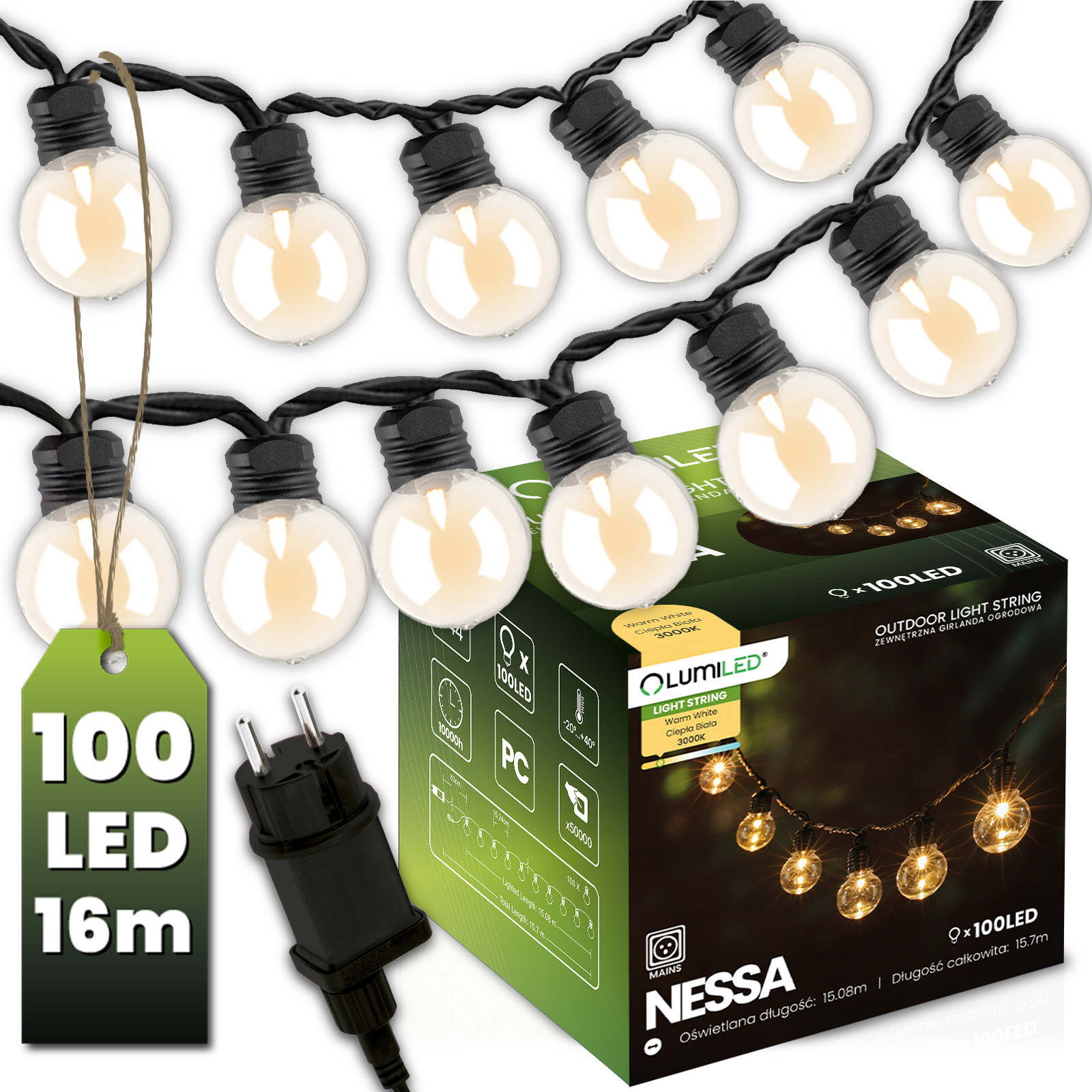 Girlanda Ogrodowa Zewnętrzna Łańcuch Świetlny 16m 100x LED 3000K NESSA LUMILED - główne zdjęcie produktu