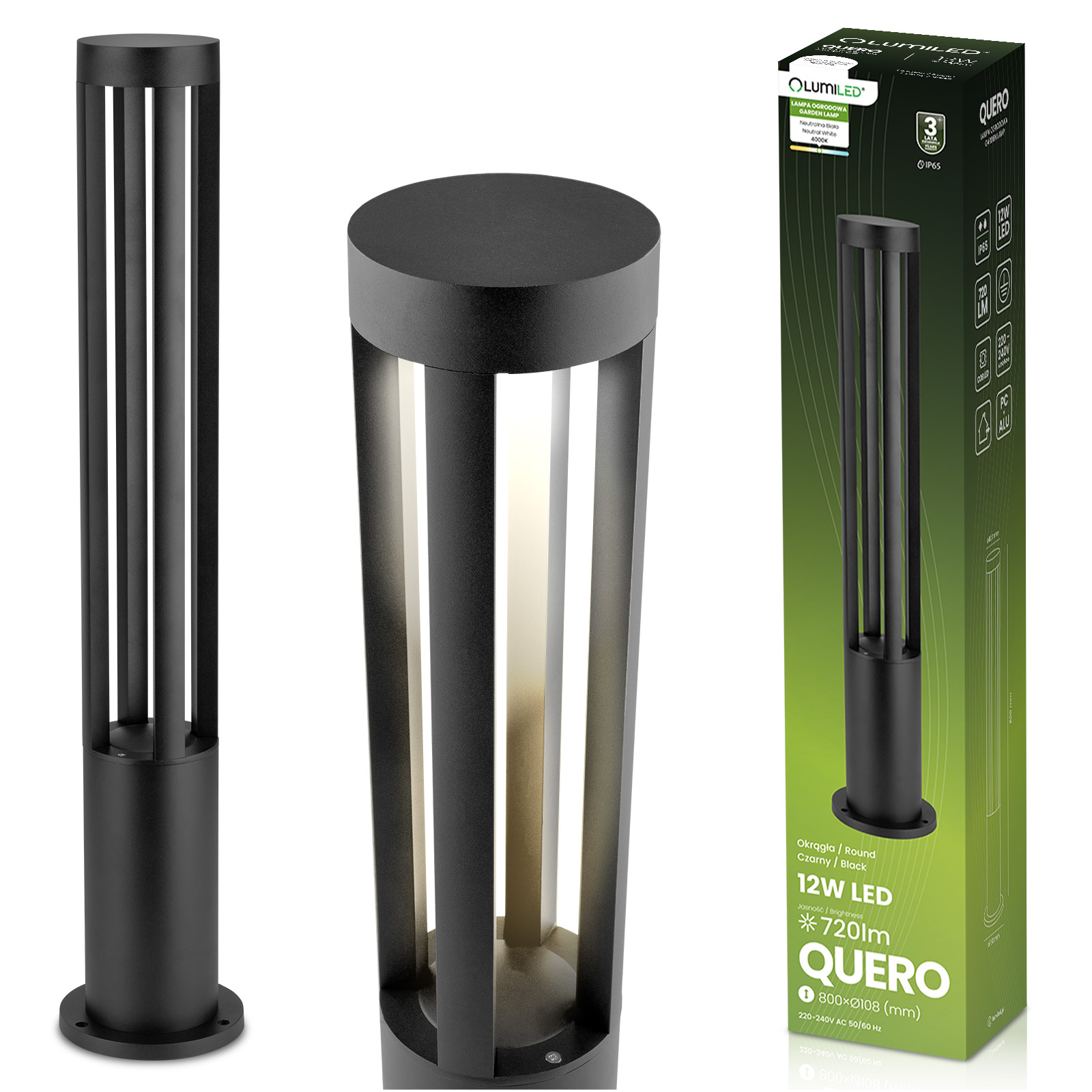 Lampa Ogrodowa Słupek Zewnętrzny Stojący 12W LED 4000K QUERO 80cm LUMILED - główne zdjęcie produktu
