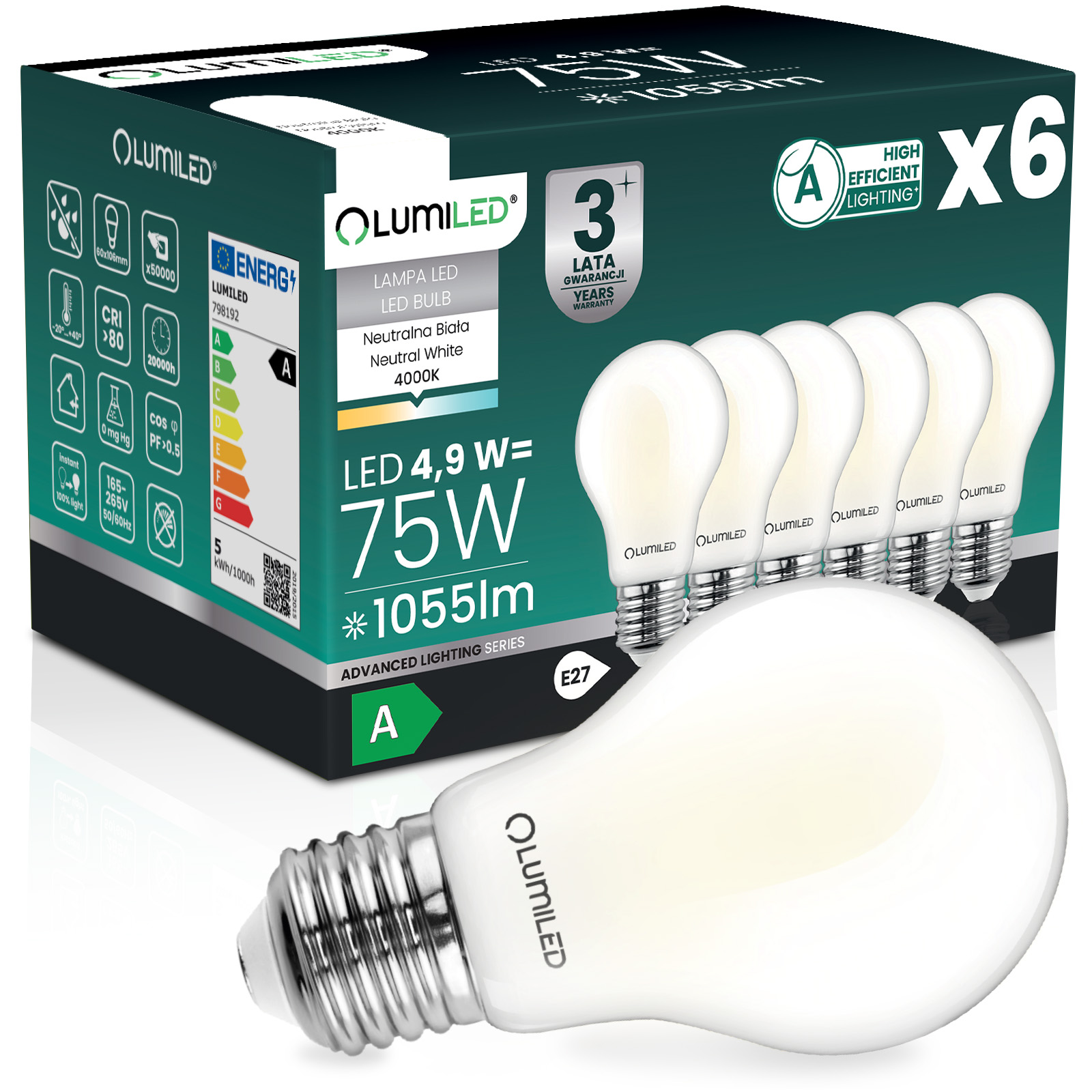 6x Żarówka LED E27 A60 4,9W 1055lm = 75W 4000K Neutralna 360° Filament KLASA A LUMILED - główne zdjęcie produktu