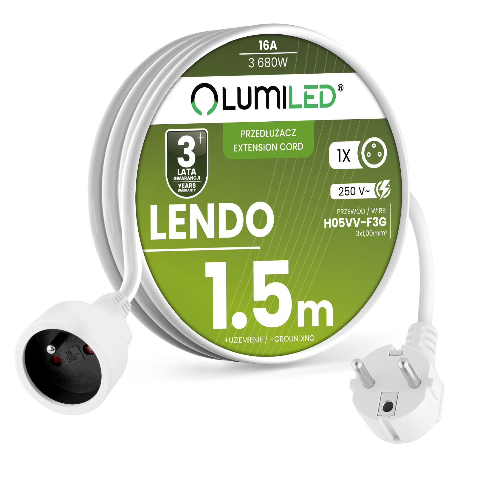 Przedłużacz Sieciowy Kabel z Uziemieniem Listwa Zasilająca 1 Gniazdo 1.5m Biały Sznur Lendo Lumiled - główne zdjęcie produktu