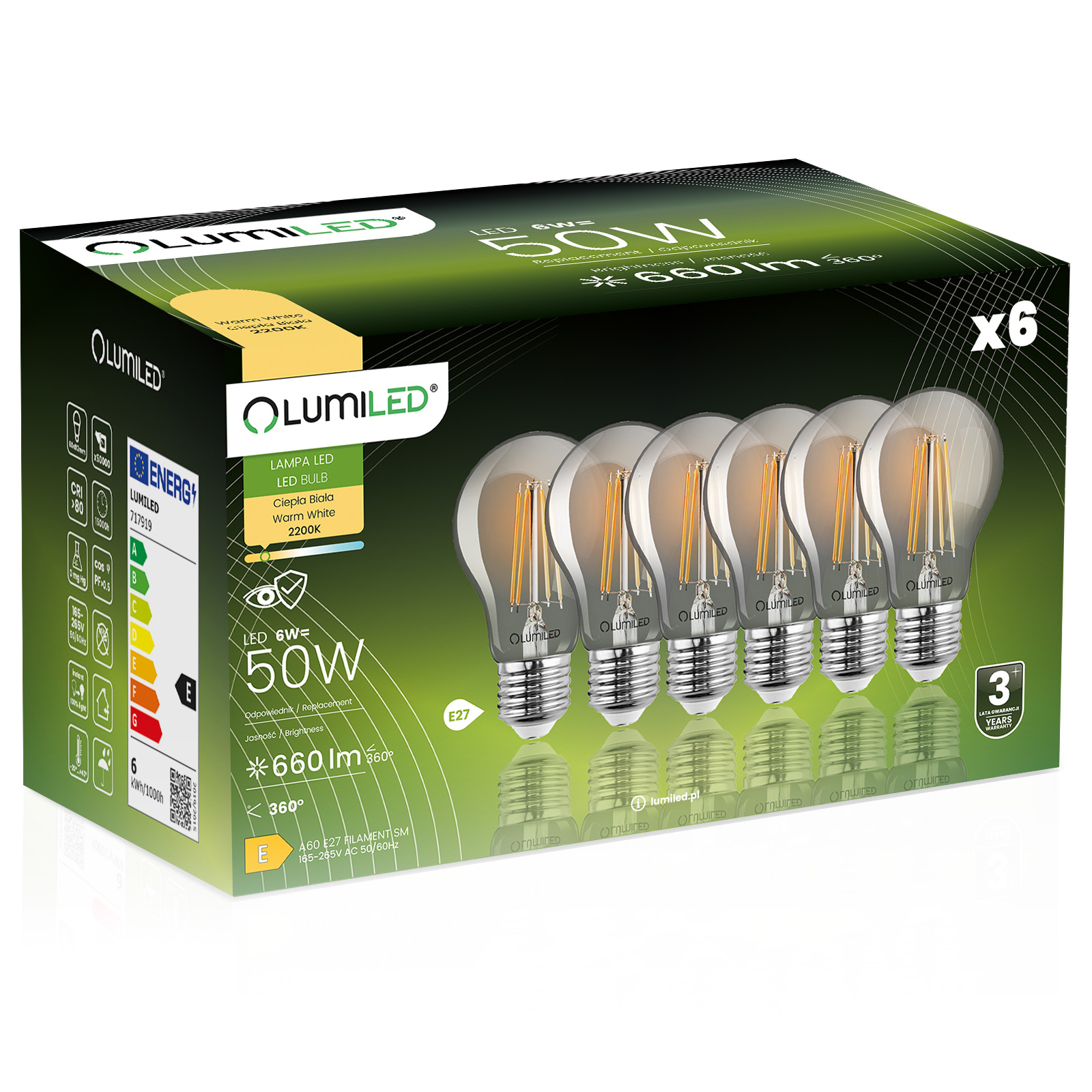 6x Żarówka LED E27 A60 6W = 50W 660lm 2200K Ciepła 360° DYMIONA FILAMENT LUMILED - główne zdjęcie produktu