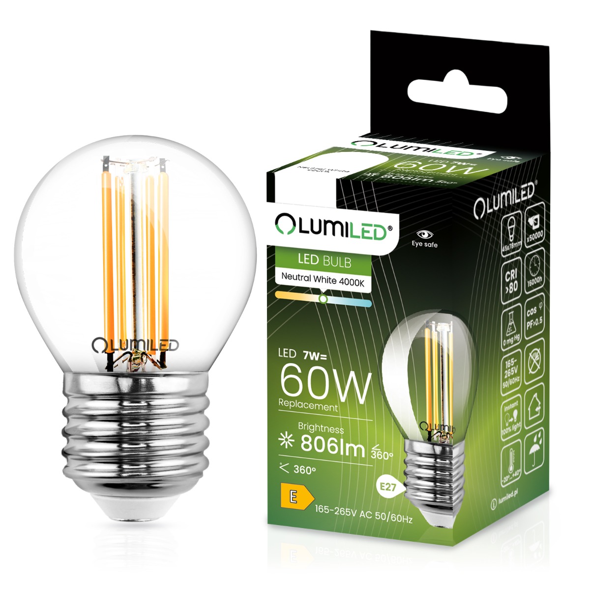 Żarówka LED E27 Kulka P45 7W = 60W 806lm 4000K Neutralna 360° FILAMENT LUMILED - główne zdjęcie produktu