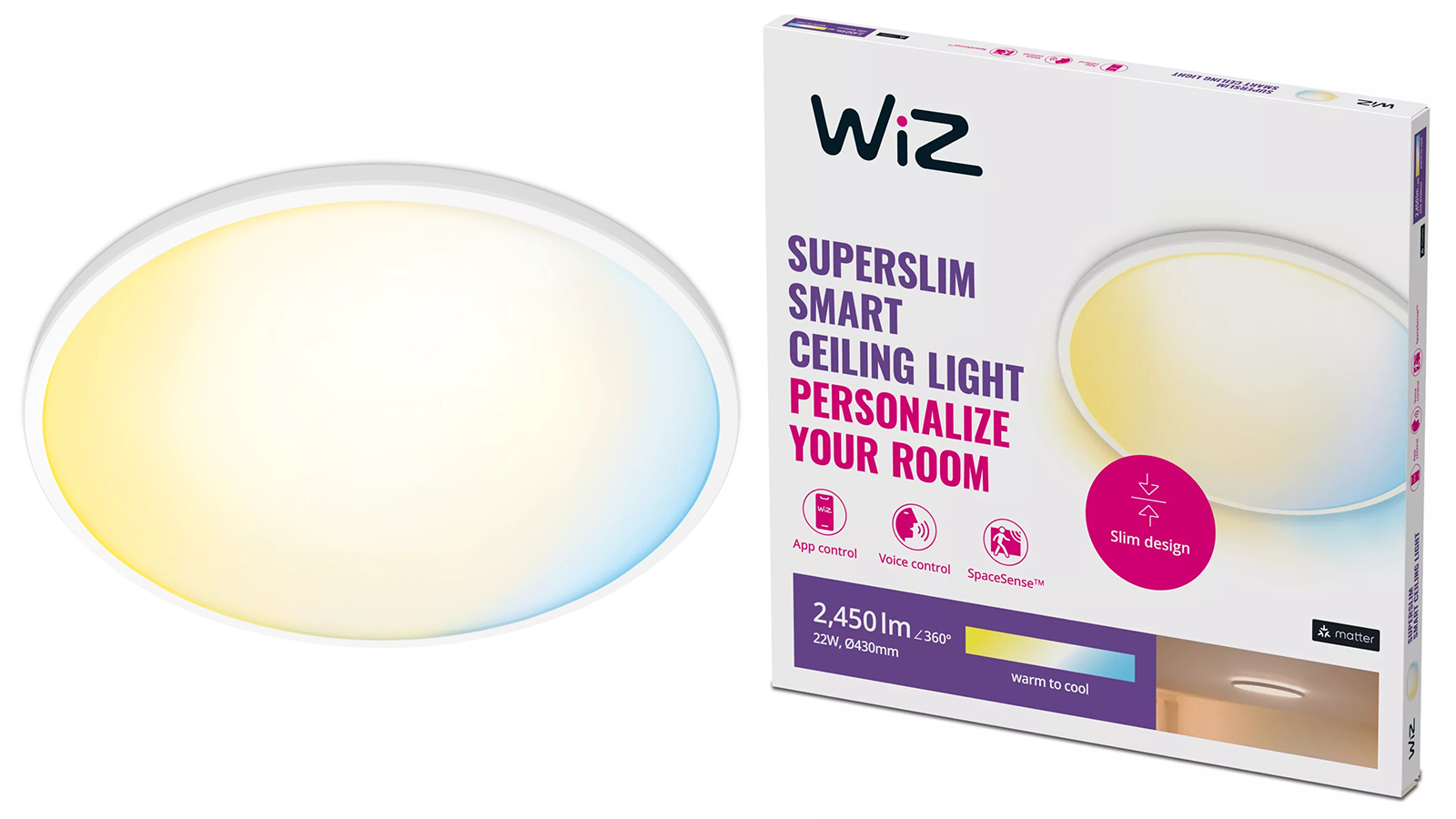 Plafon LED Lampa Sufitowa Natynkowa 22W 2450lm 2700-6500K TW 43cm Biała Okrągła Inteligentna SMART WiFi Bluetooth Aplikacja Superslim WiZ - główne zdjęcie produktu