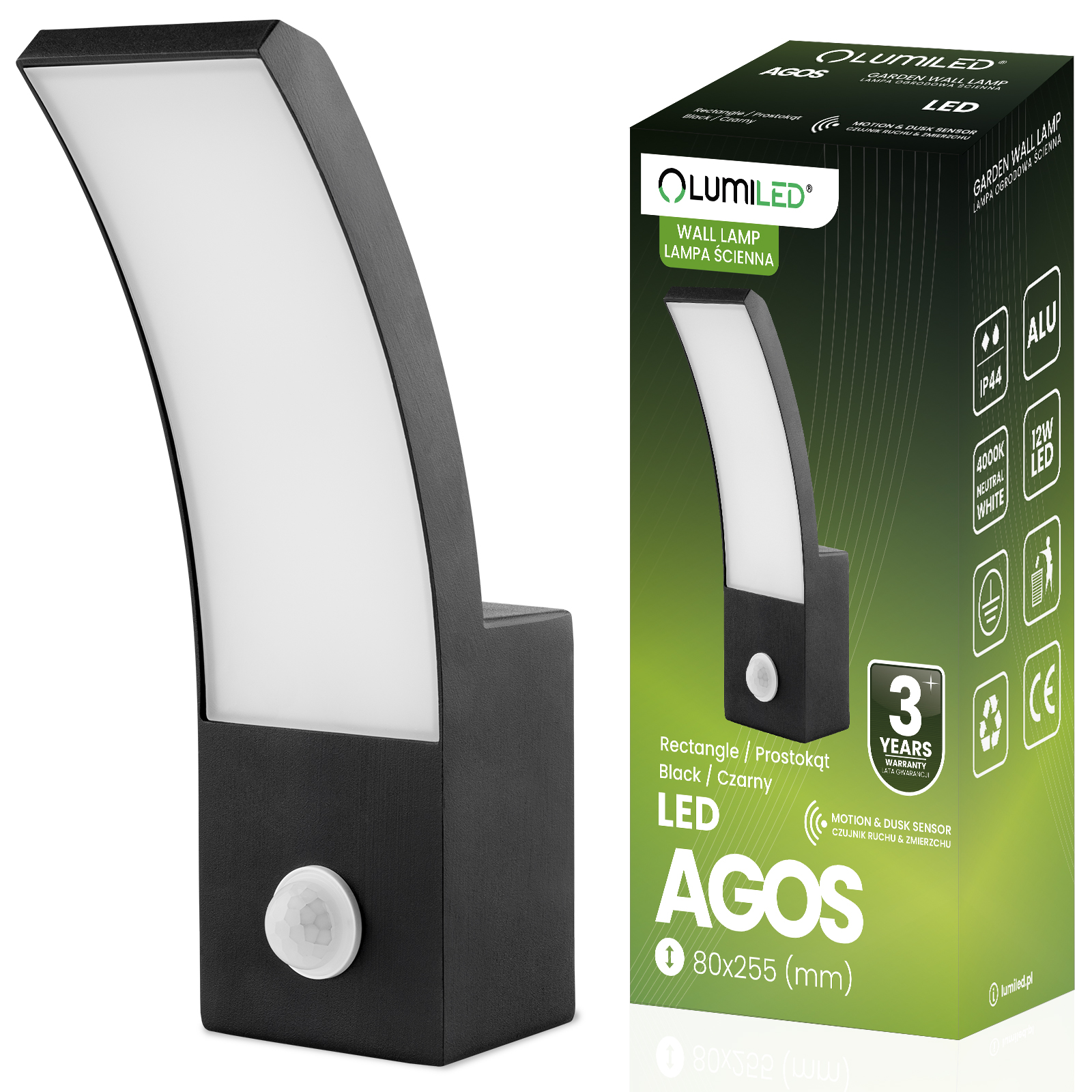 Lampa Ogrodowa Zewnętrzna Kinkiet Elewacyjny LED 12W 4000K Czujnik Ruchu AGOS LUMILED - główne zdjęcie produktu