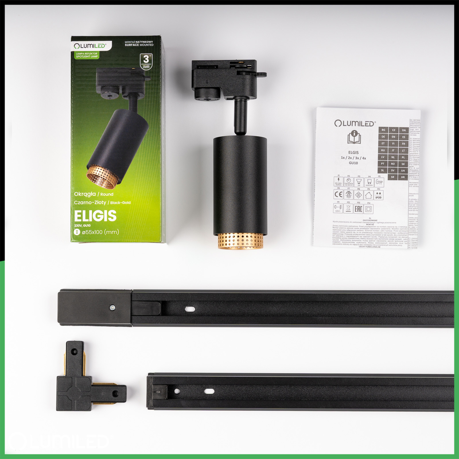 ZESTAW Szynoprzewód Listwa Szyna 3m + 5x Lampa Sufitowa Reflektor GU10 Oświetlenie Szynowe LUMILED - skład produktu