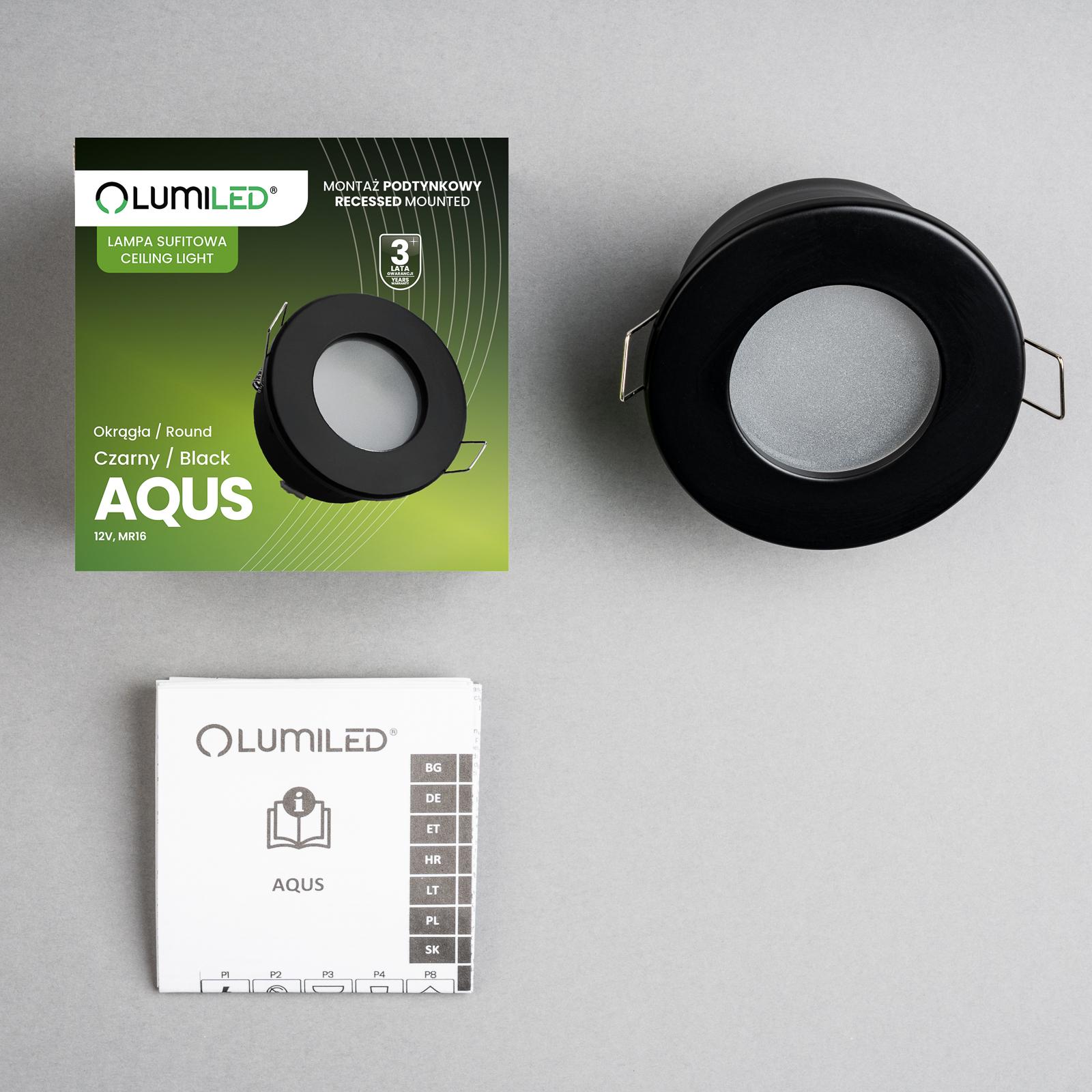 Oprawa Halogenowa Podtynkowa Wpuszczana LED MR16 Okrągła Czarna AQUS Lumiled - skład produktu