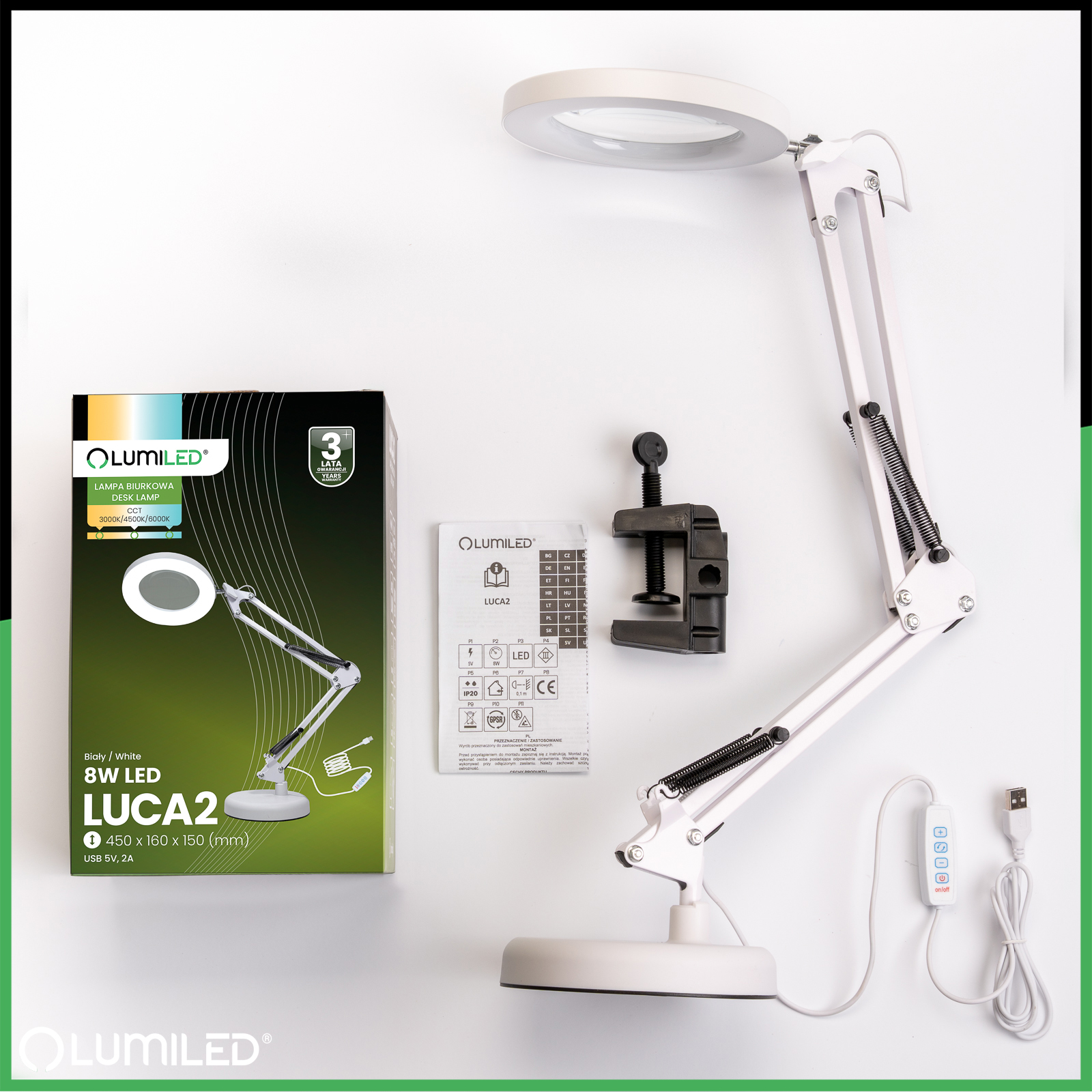 Lampka Biurkowa LED 8W CCT Kreślarska Stołowa 3x Szkło Powiększające Lupa LUCA 2 Biała LUMILED - skład produktu