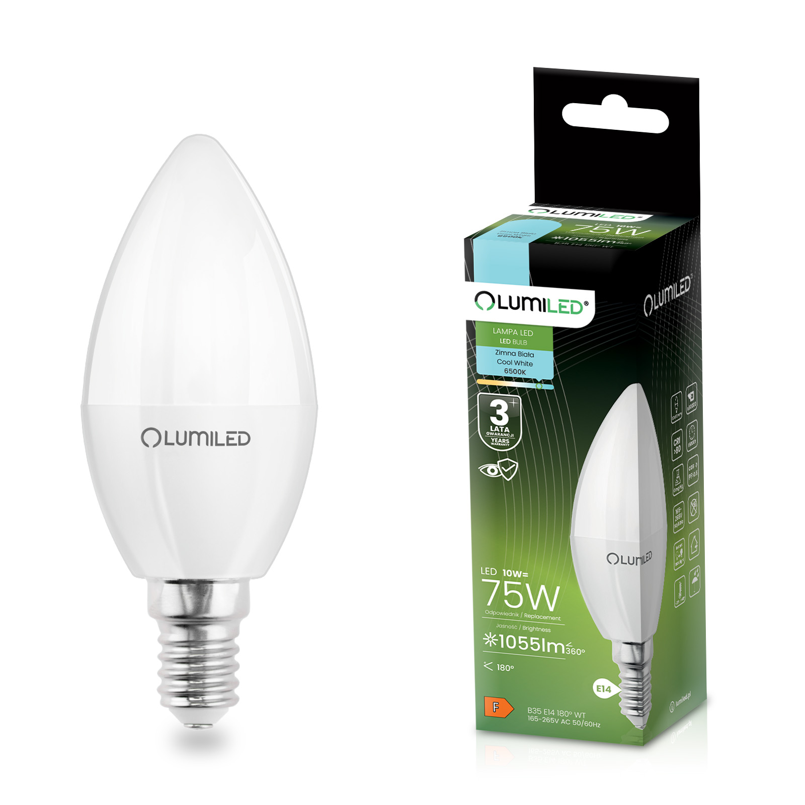Żarówka LED E14 Świeczka B35 10W = 75W 1055lm 6500K Zimna 180° LUMILED - główne zdjęcie produktu