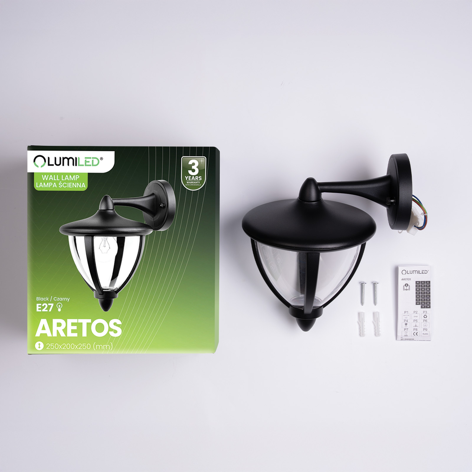 Lampa Ogrodowa Ścienna Zewnętrzna Kinkiet Elewacyjny E27 LED Latarnia Czarna ARETOS LUMILED - skład produktu