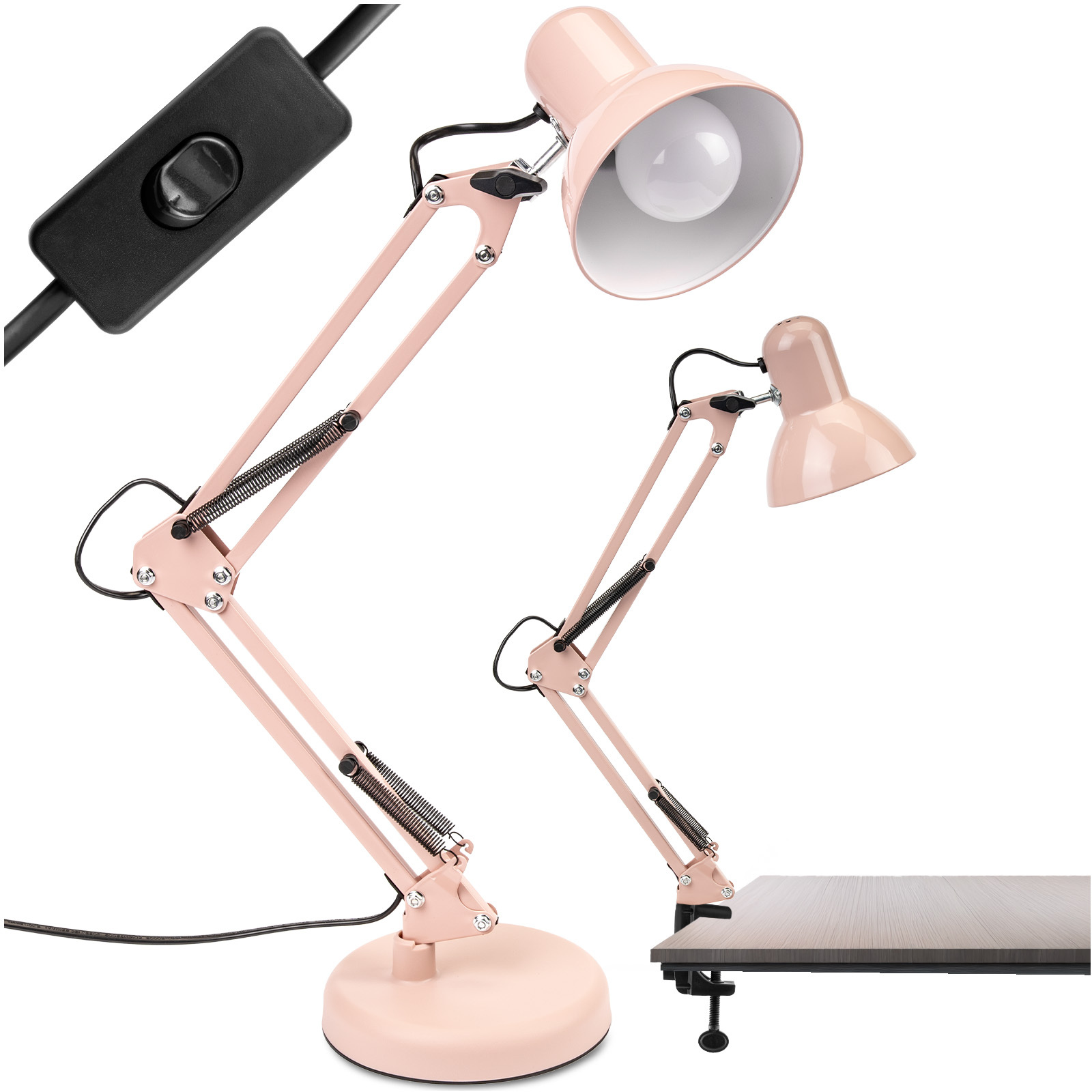 Lampka Biurkowa Kreślarska Stołowa E27 TOBI Pastelowy Różowy Lumiled + uchwyt na blat - główne zdjęcie produktu