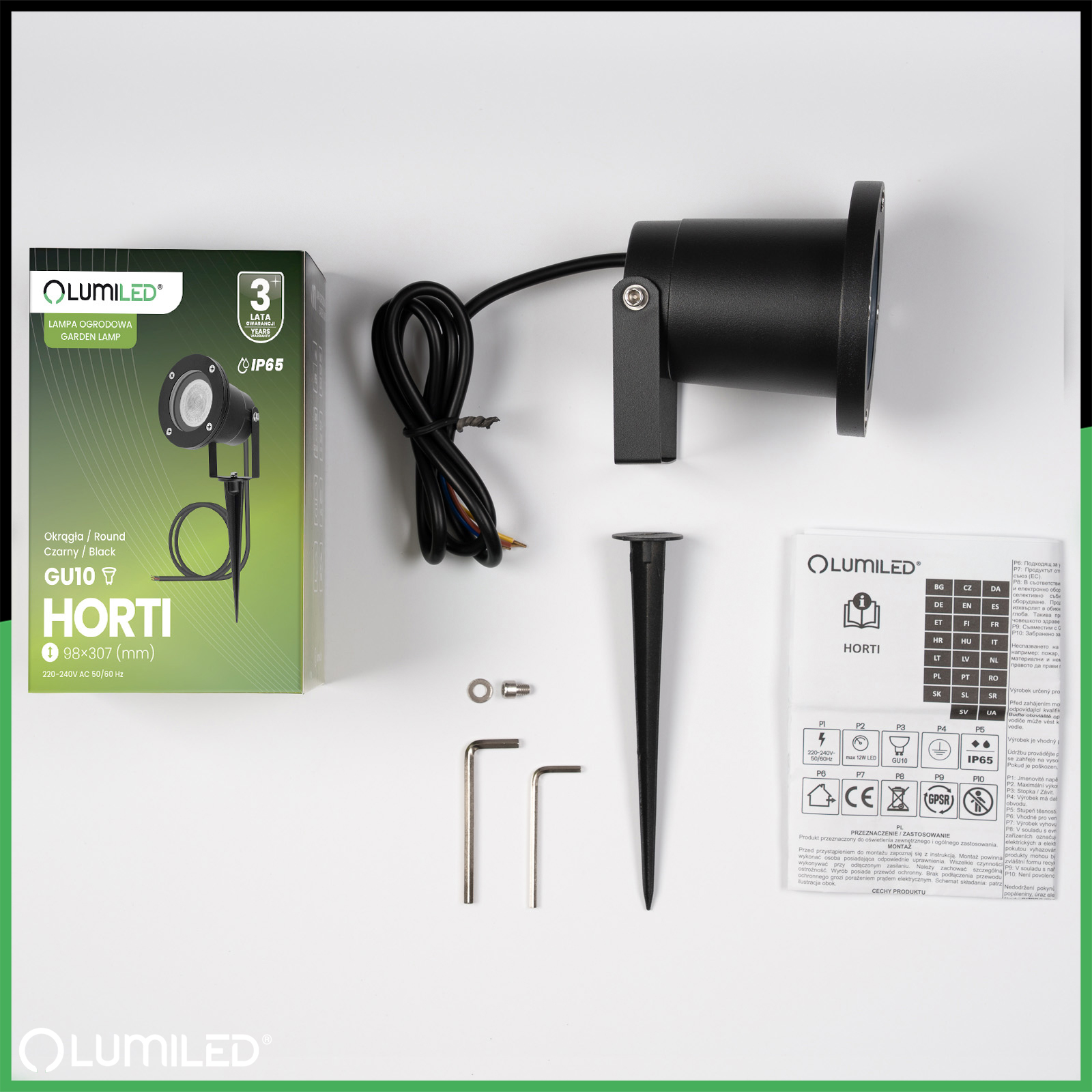 Lampa Ogrodowa Wbijana LED GU10 IP65 WODOSZCZELNA Czarna z Przewodem 1m HORTI LUMILED - skład produktu