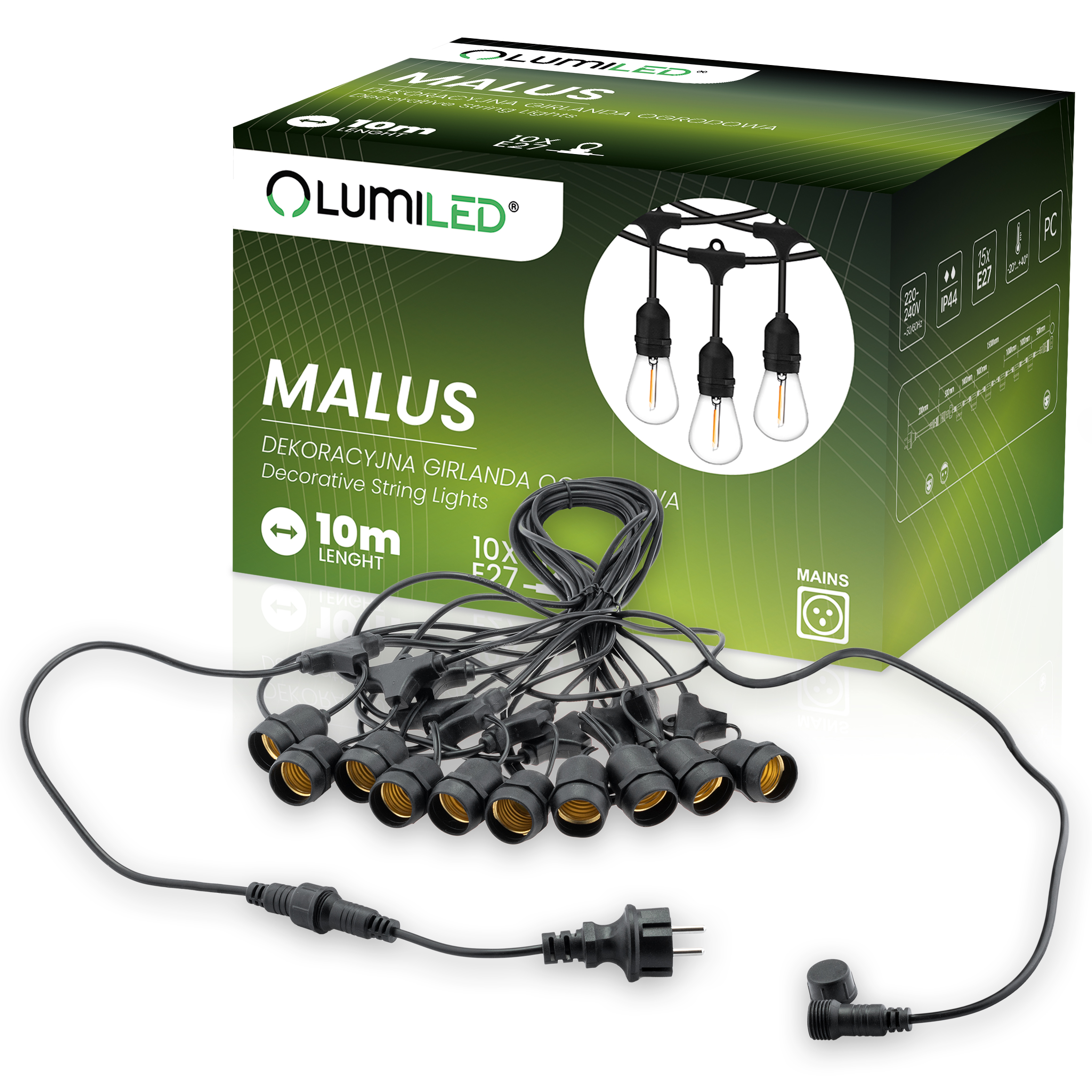 Girlanda Ogrodowa Zewnętrzna MALUS Łańcuch Świetlny 10m 10x E27 LUMILED - główne zdjęcie produktu